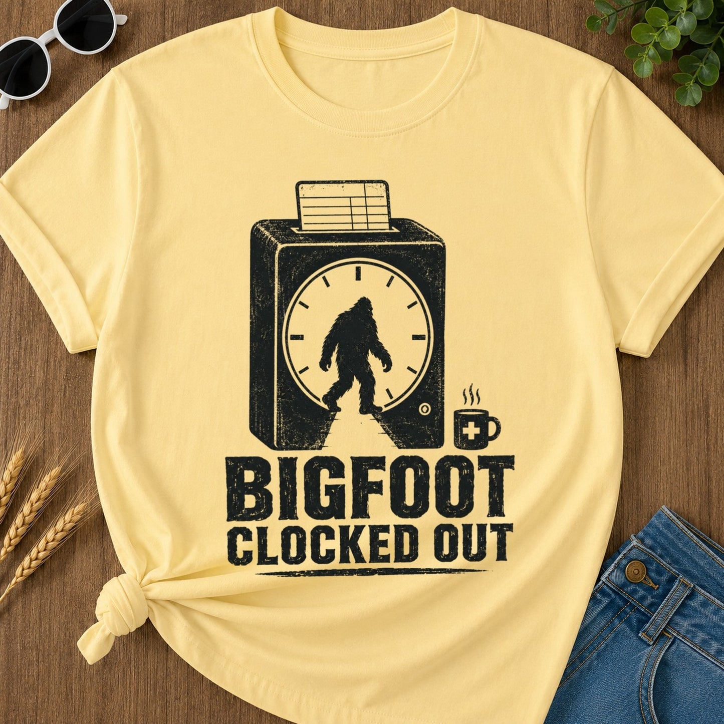 Bigfoot Clocked Out T-shirt - Butter Mockup