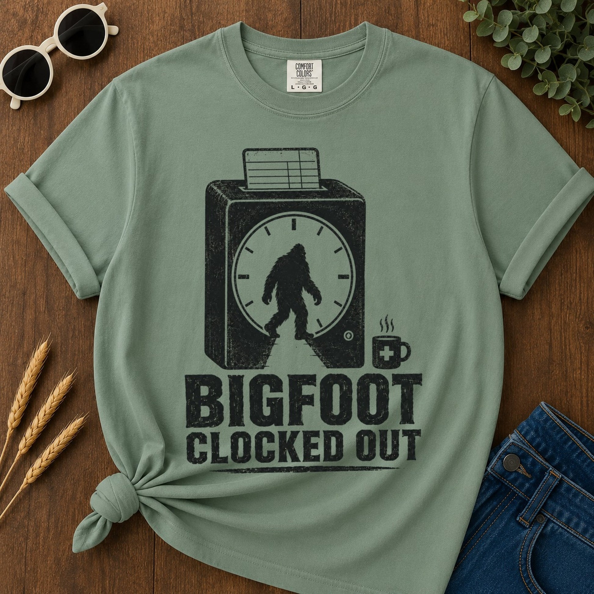 Bigfoot Clocked Out T-shirt - Light Green Mockup