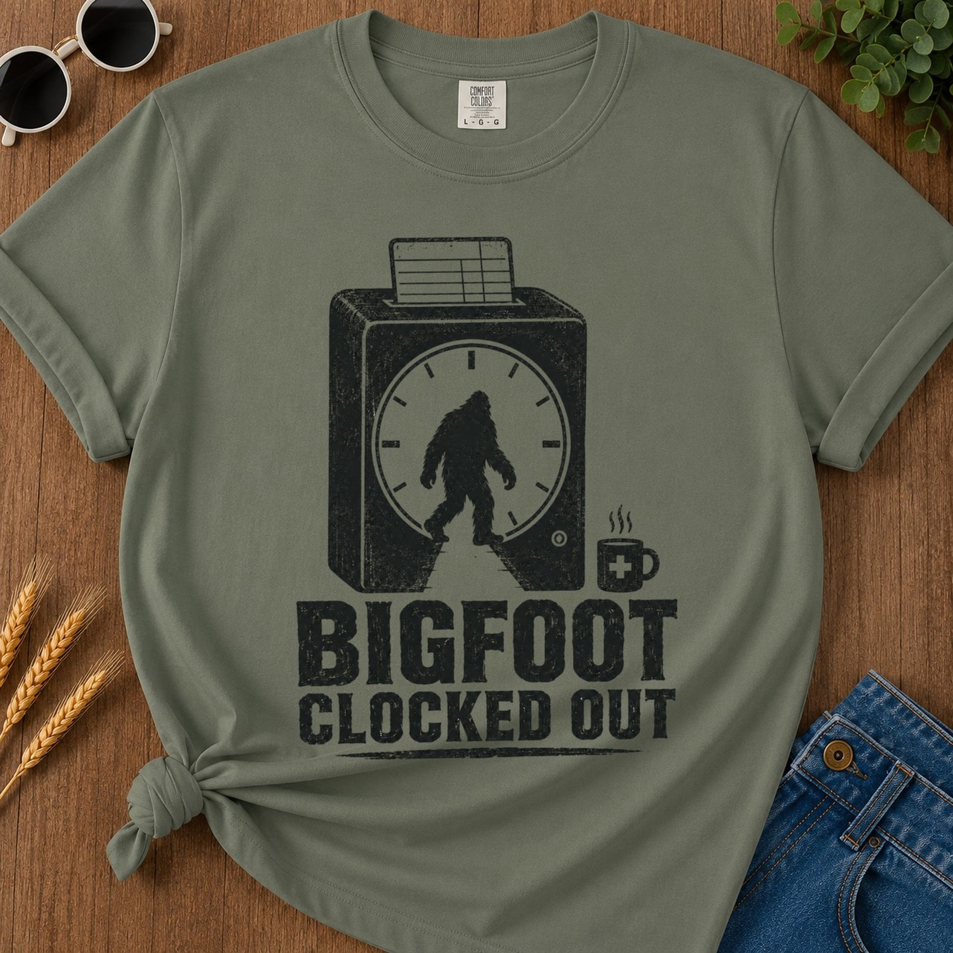 Bigfoot Clocked Out T-shirt - Moss Mockup