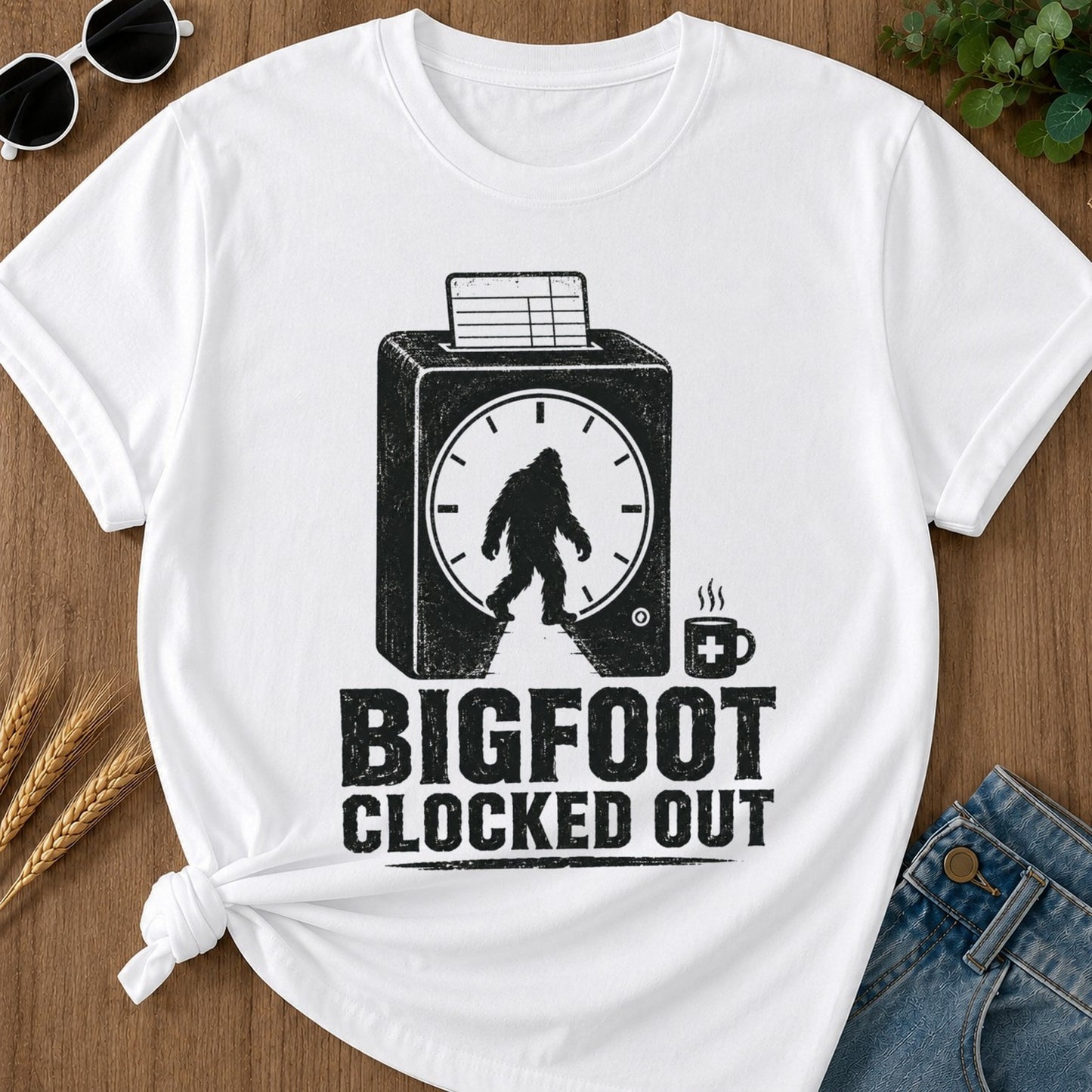 Bigfoot Clocked Out T-shirt - White Mockup