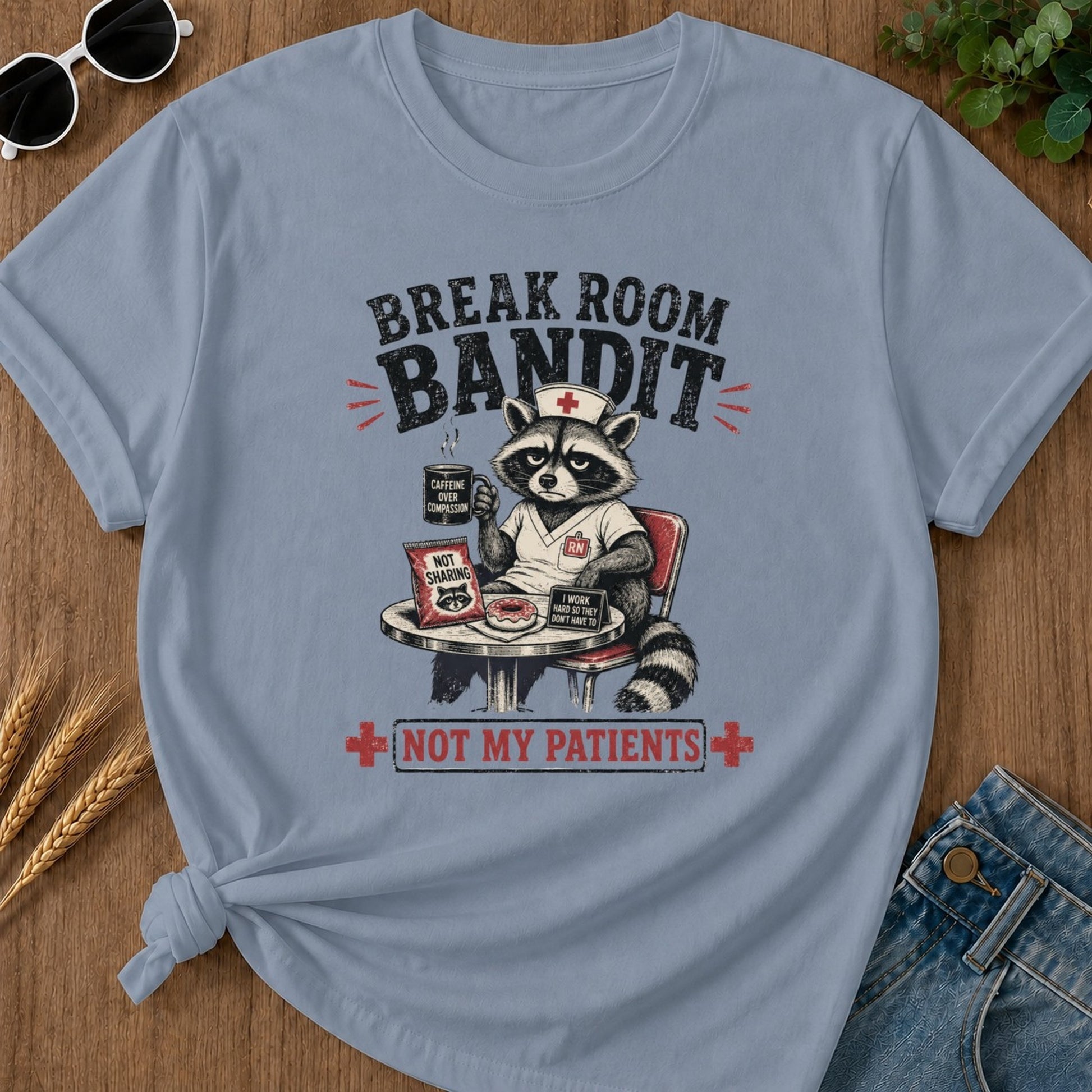 Break Room Bandit T-shirt - Blue Jean Mockup