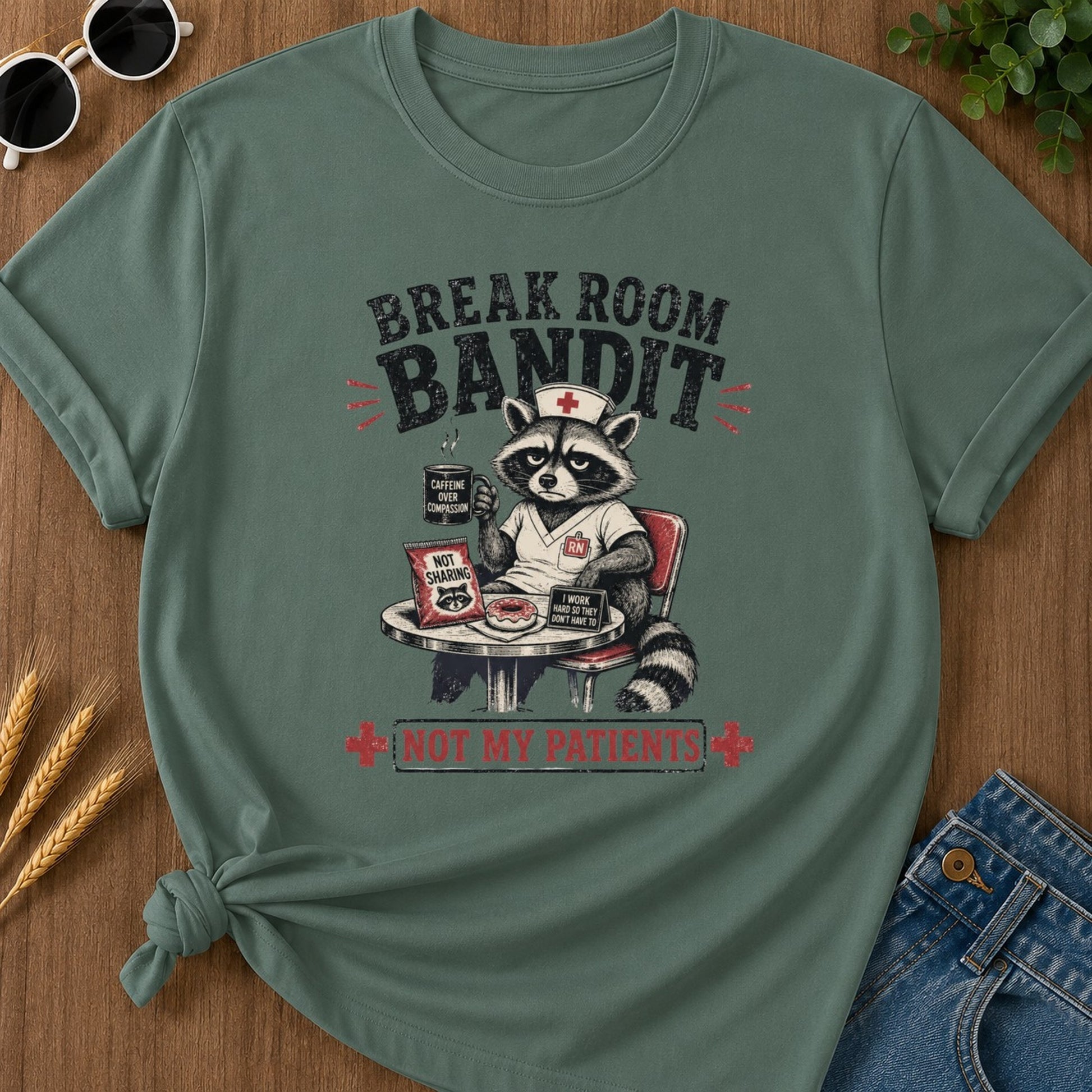 Break Room Bandit T-shirt - Blue Spruce Mockup