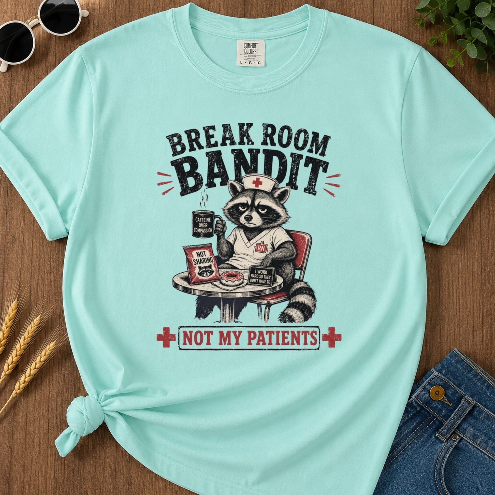 Break Room Bandit T-shirt - Chalky Mint Mockup