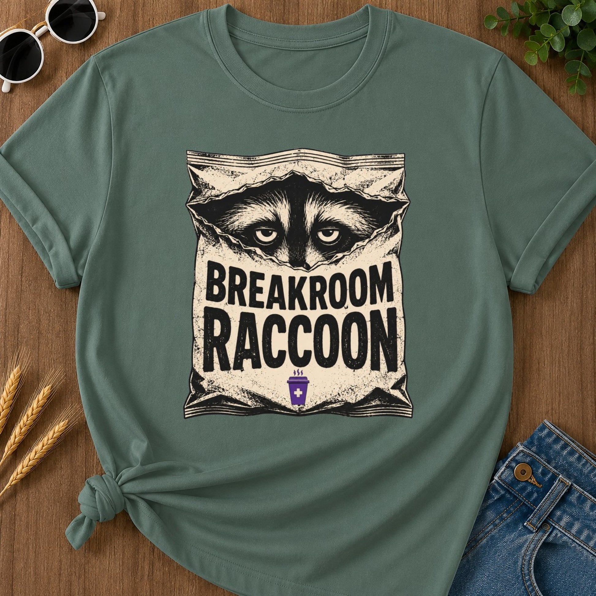 Breakroom Raccoon T-shirt - Blue Spruce Mockup