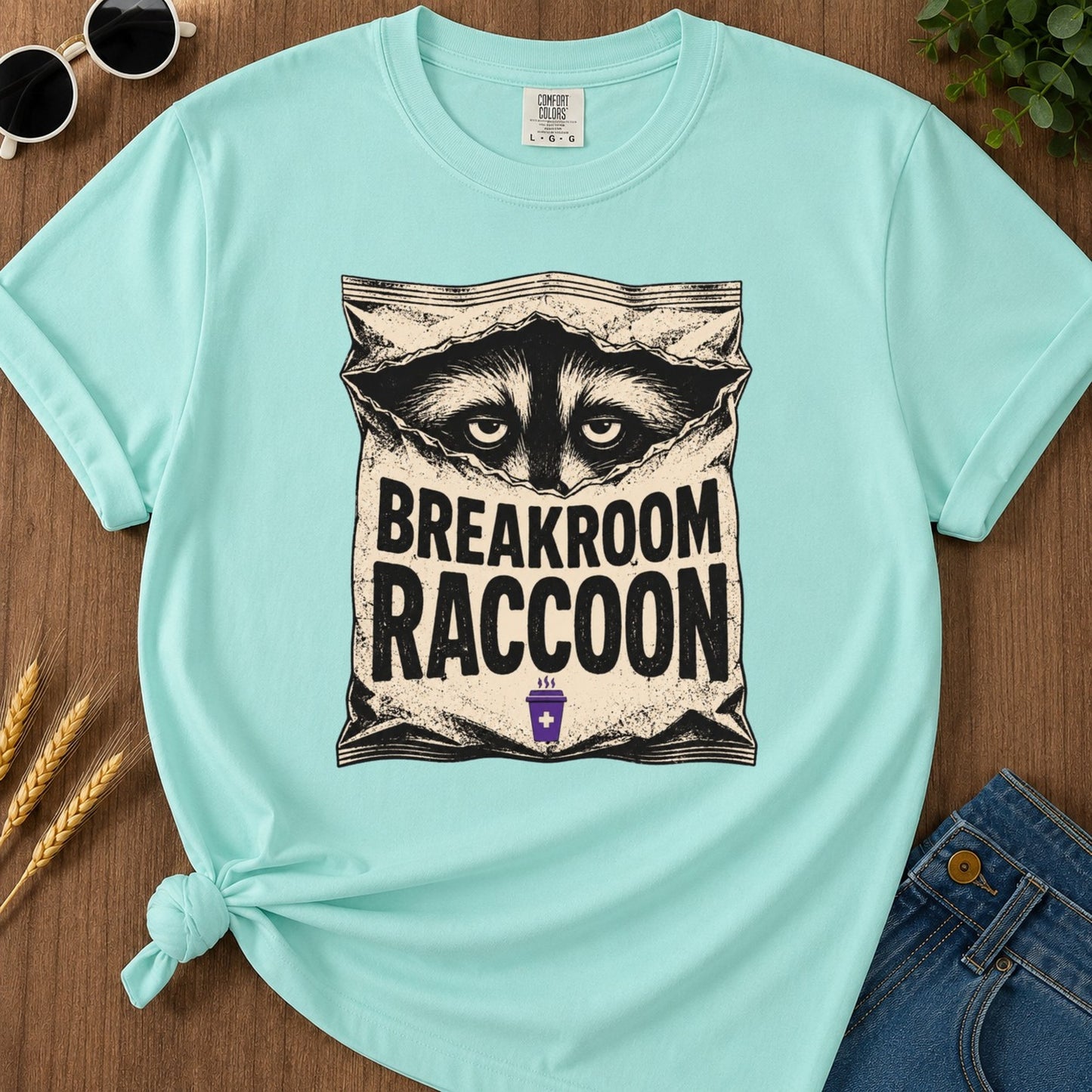 Breakroom Raccoon T-shirt - Chalky Mint Mockup