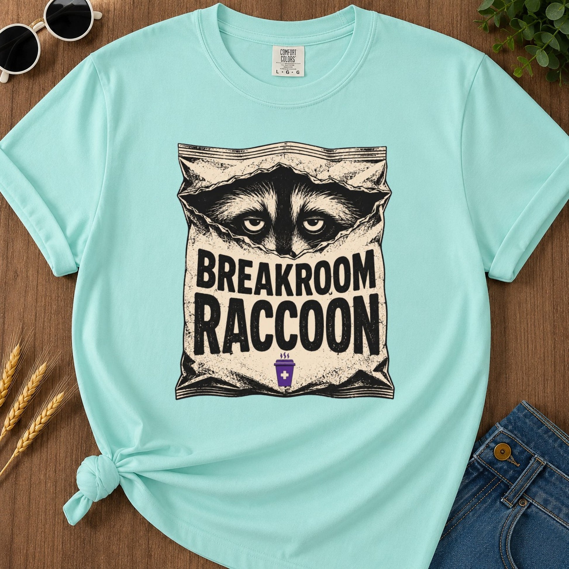 Breakroom Raccoon T-shirt - Chalky Mint Mockup