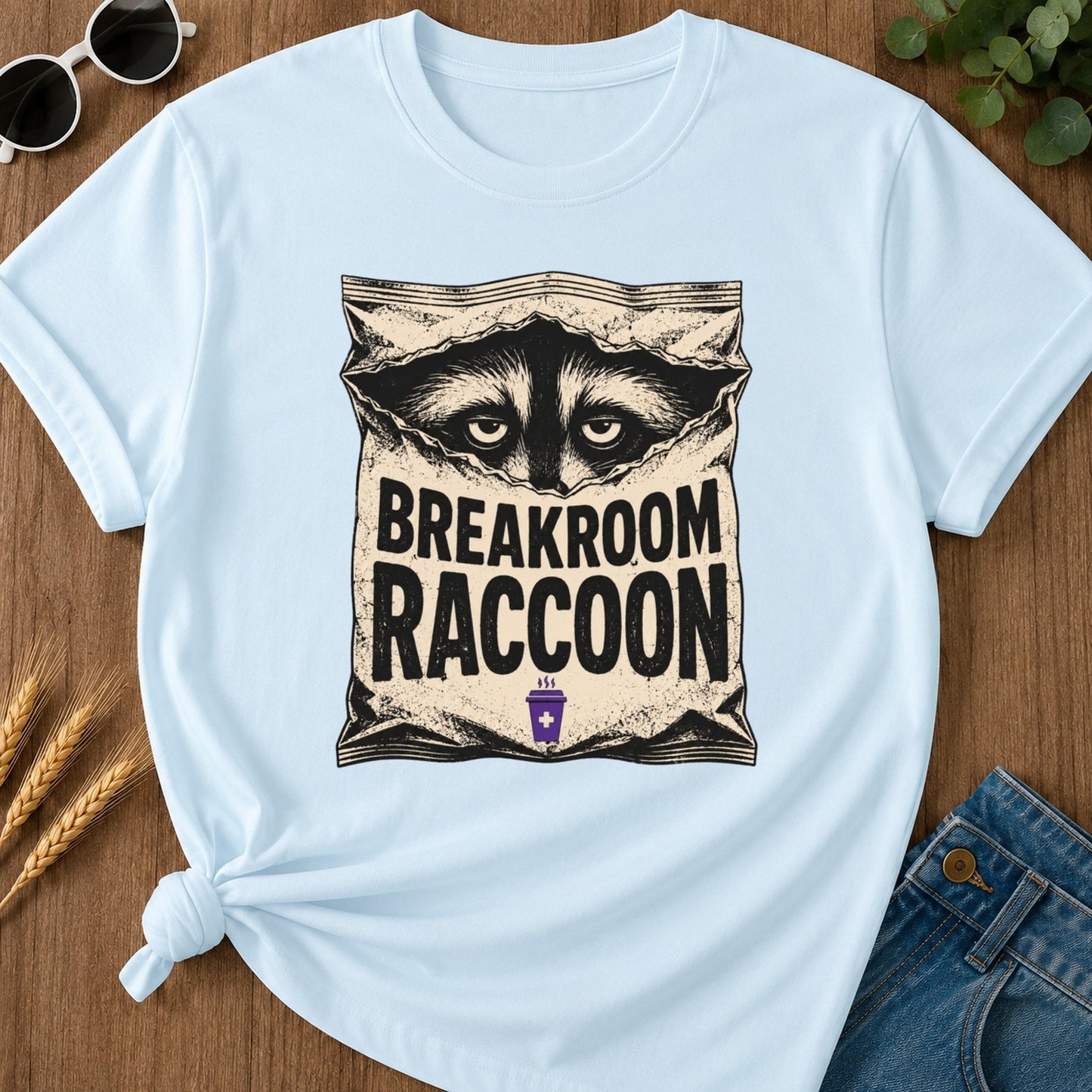 Breakroom Raccoon T-shirt - Chambray Mockup