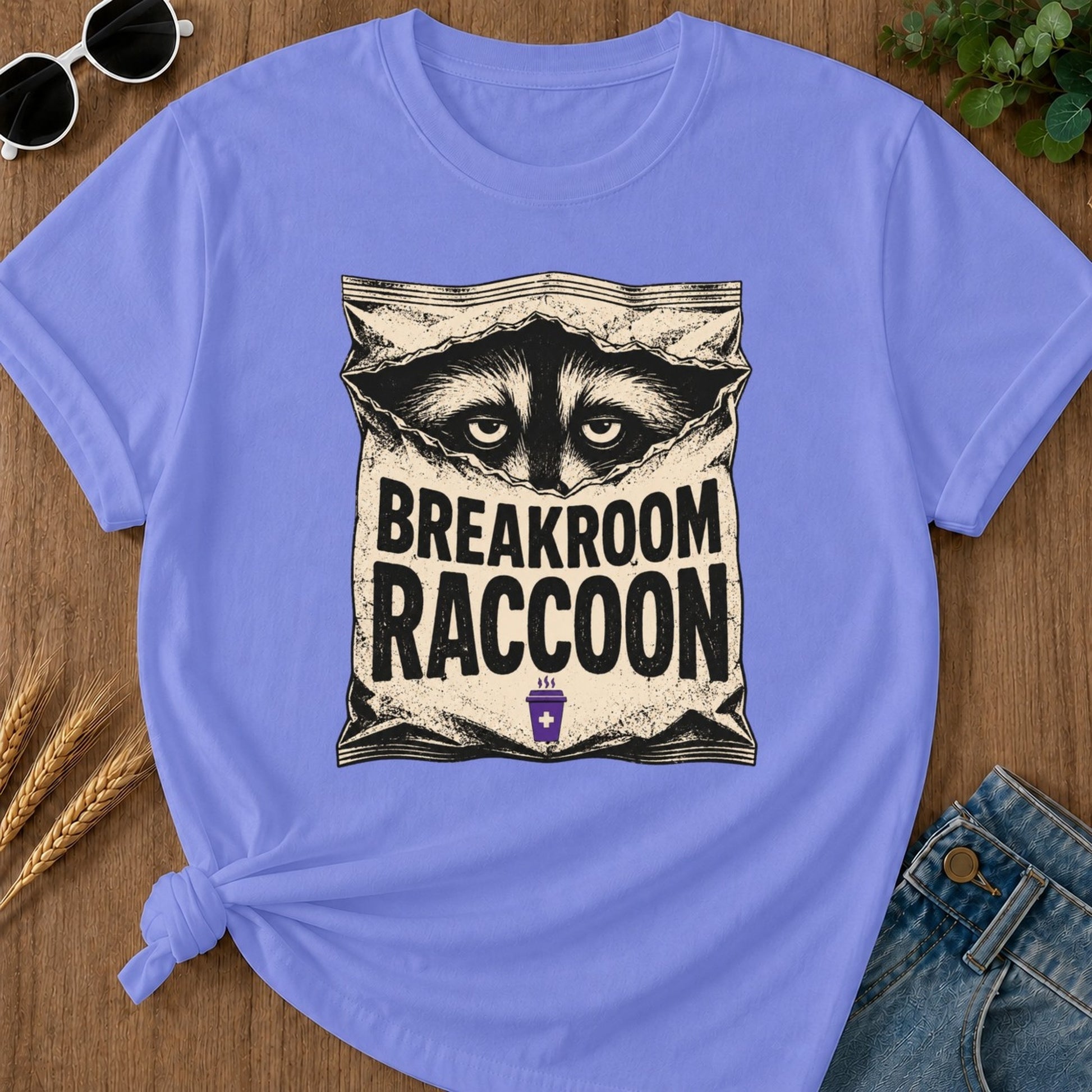 Breakroom Raccoon T-shirt - Flo Blue Mockup
