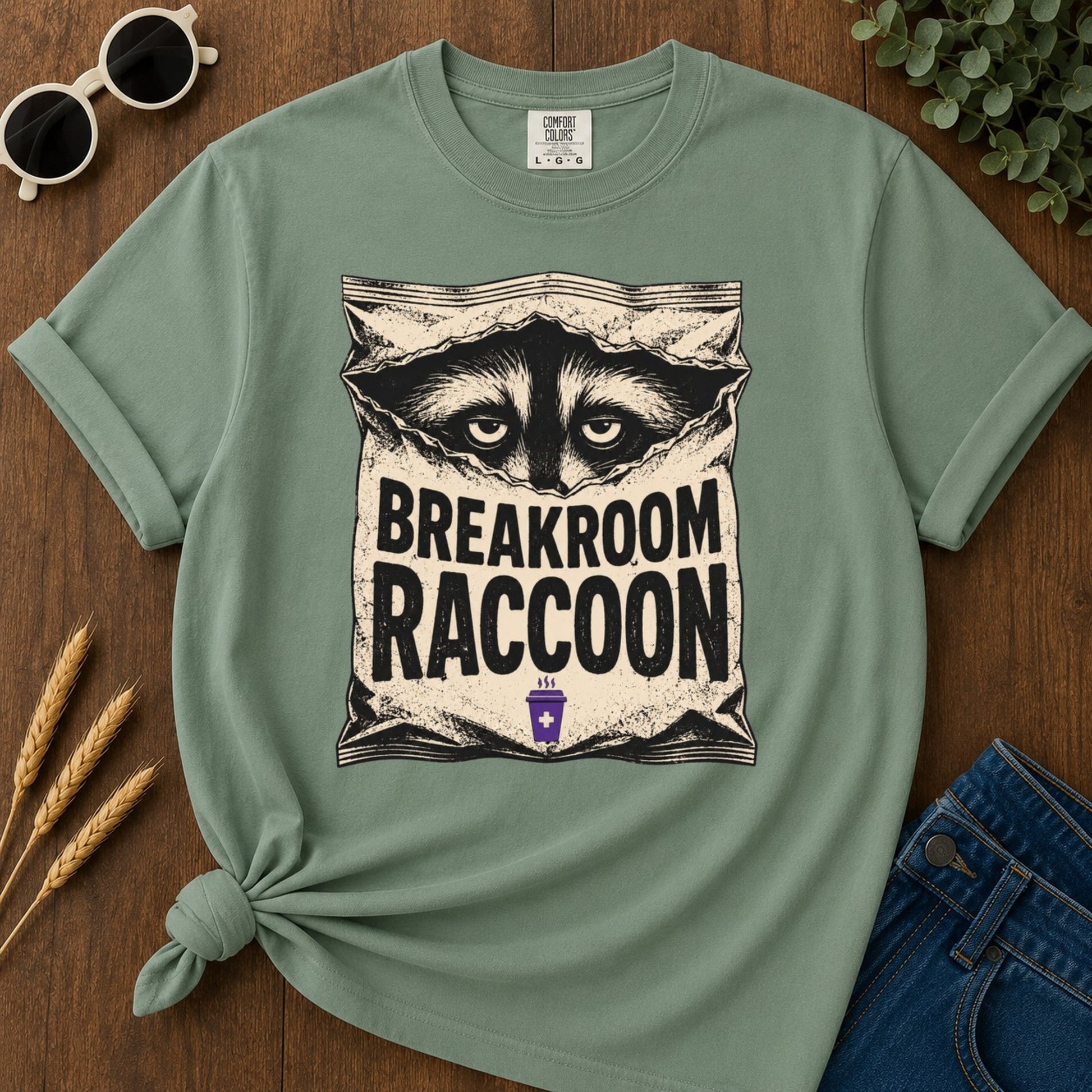 Breakroom Raccoon T-shirt - Light Green Mockup
