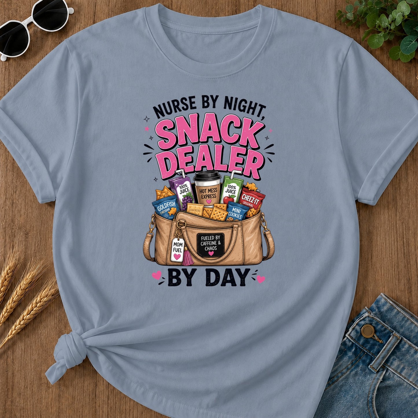 By A Night Nurse 100 Juice Hot Mess Cheez It Express T-Shirt - Blue Jean