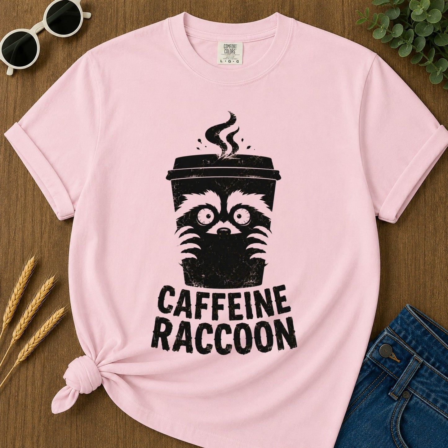 Caffeine Raccoon T-shirt - Blossom Mockup