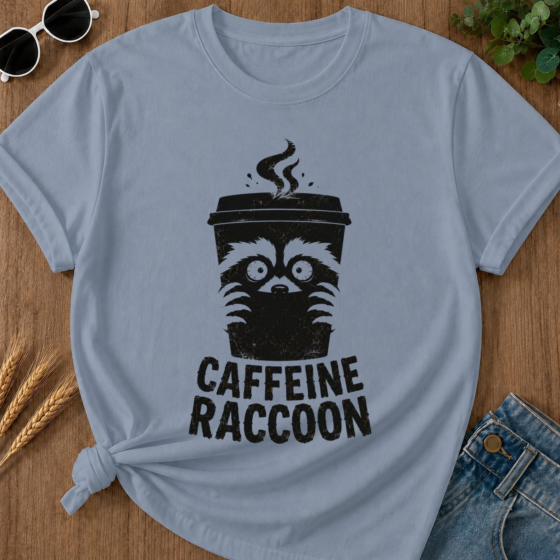 Caffeine Raccoon T-shirt - Blue Jean Mockup