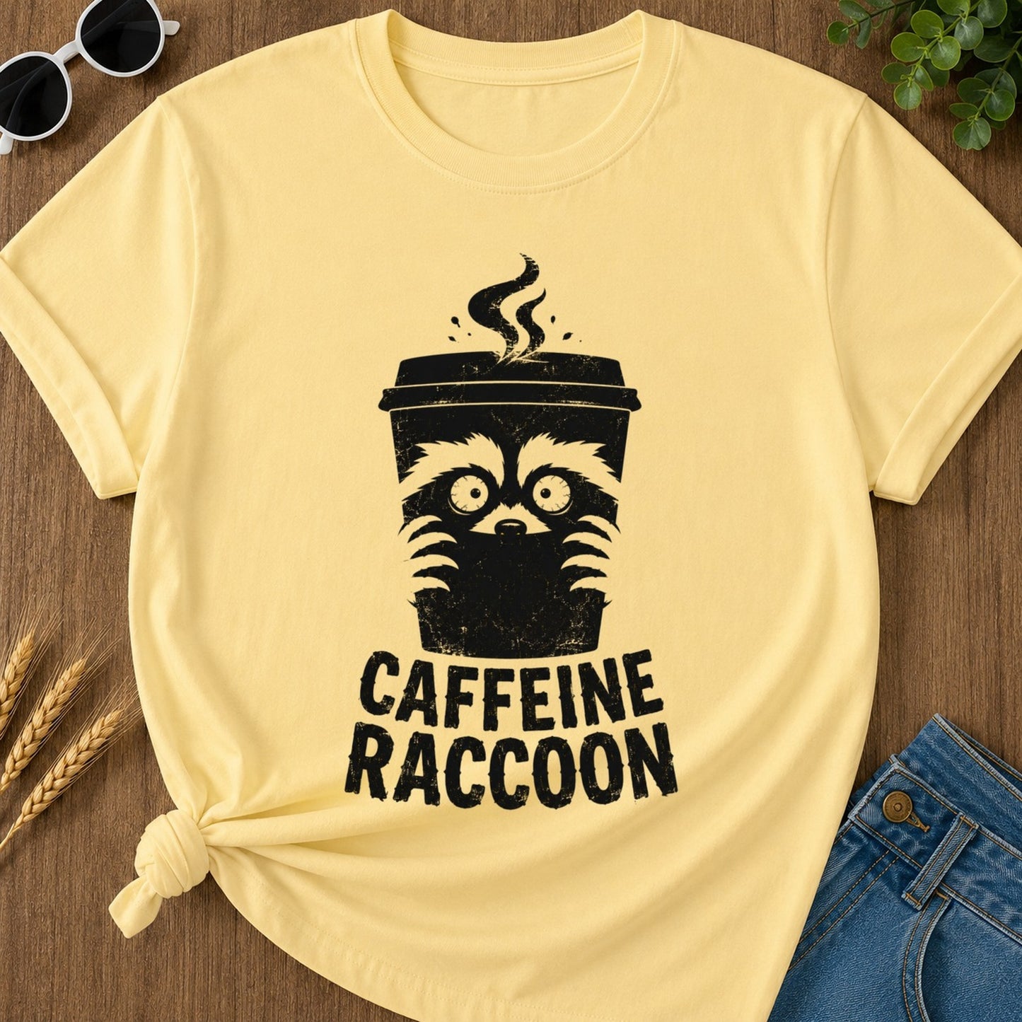 Caffeine Raccoon T-shirt - Butter Mockup