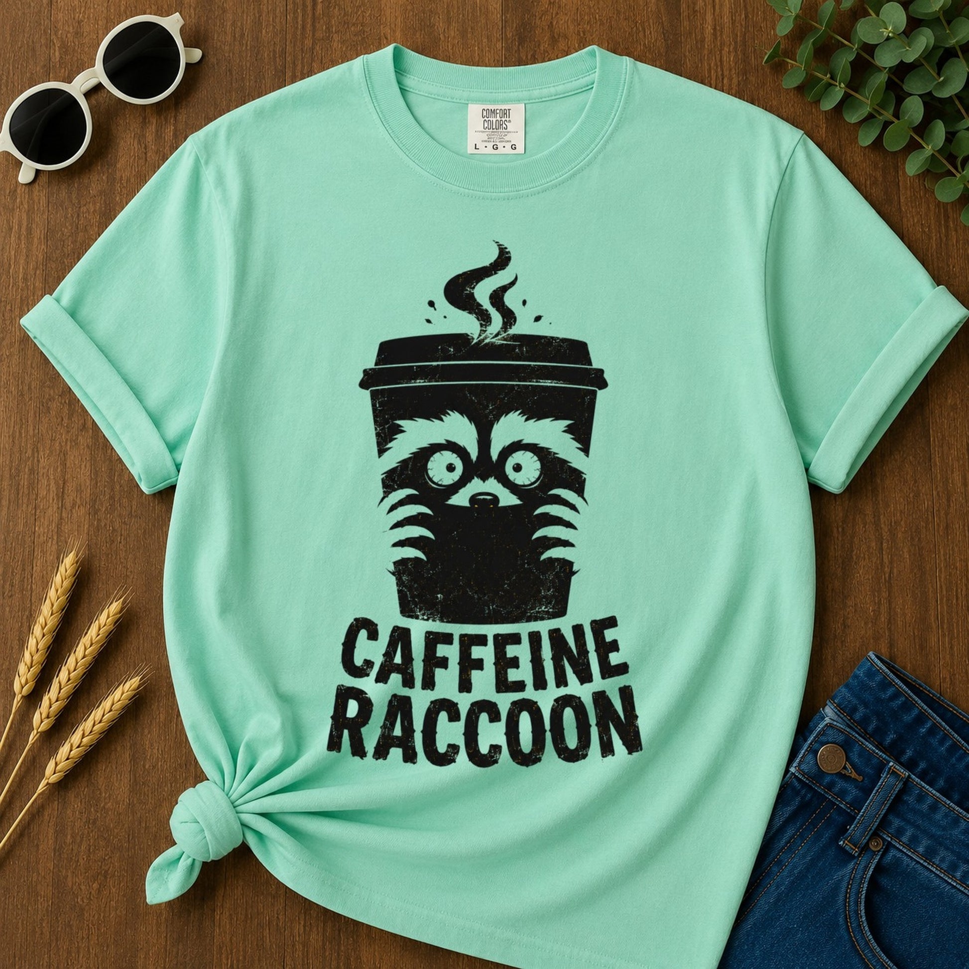 Caffeine Raccoon T-shirt - Island Reef Mockup