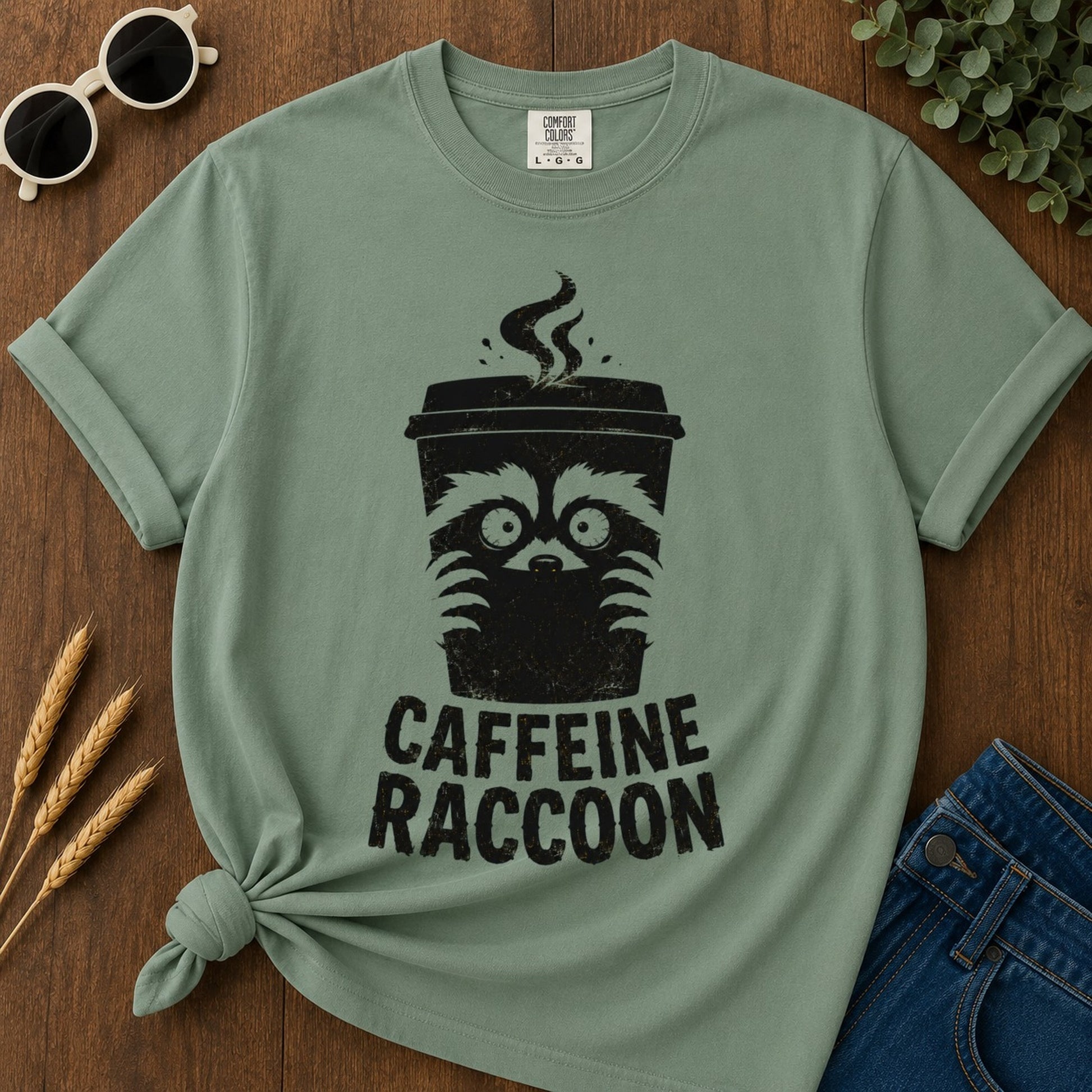 Caffeine Raccoon T-shirt - Light Green Mockup