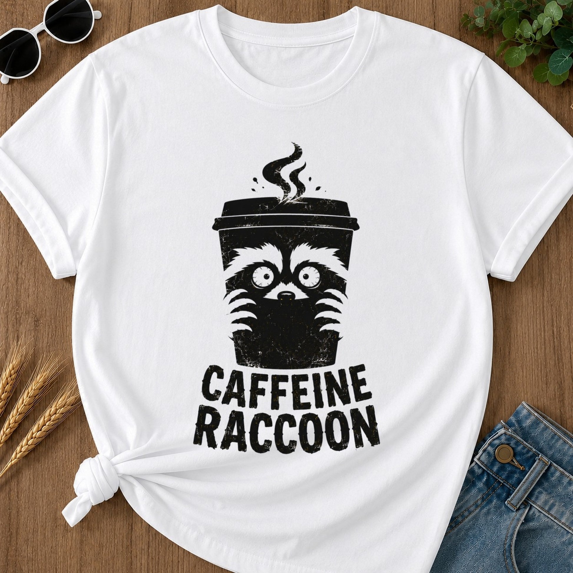 Caffeine Raccoon T-shirt - White Mockup