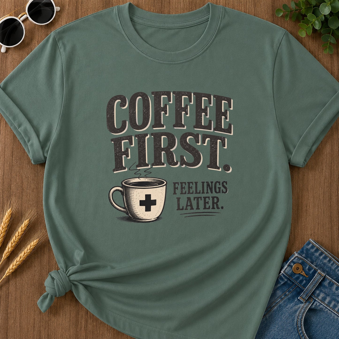 Coffee First Feelings Later T-Shirt - Blue Spruce
