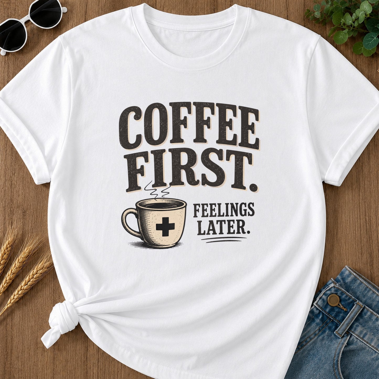 Coffee First Feelings Later T-Shirt - White