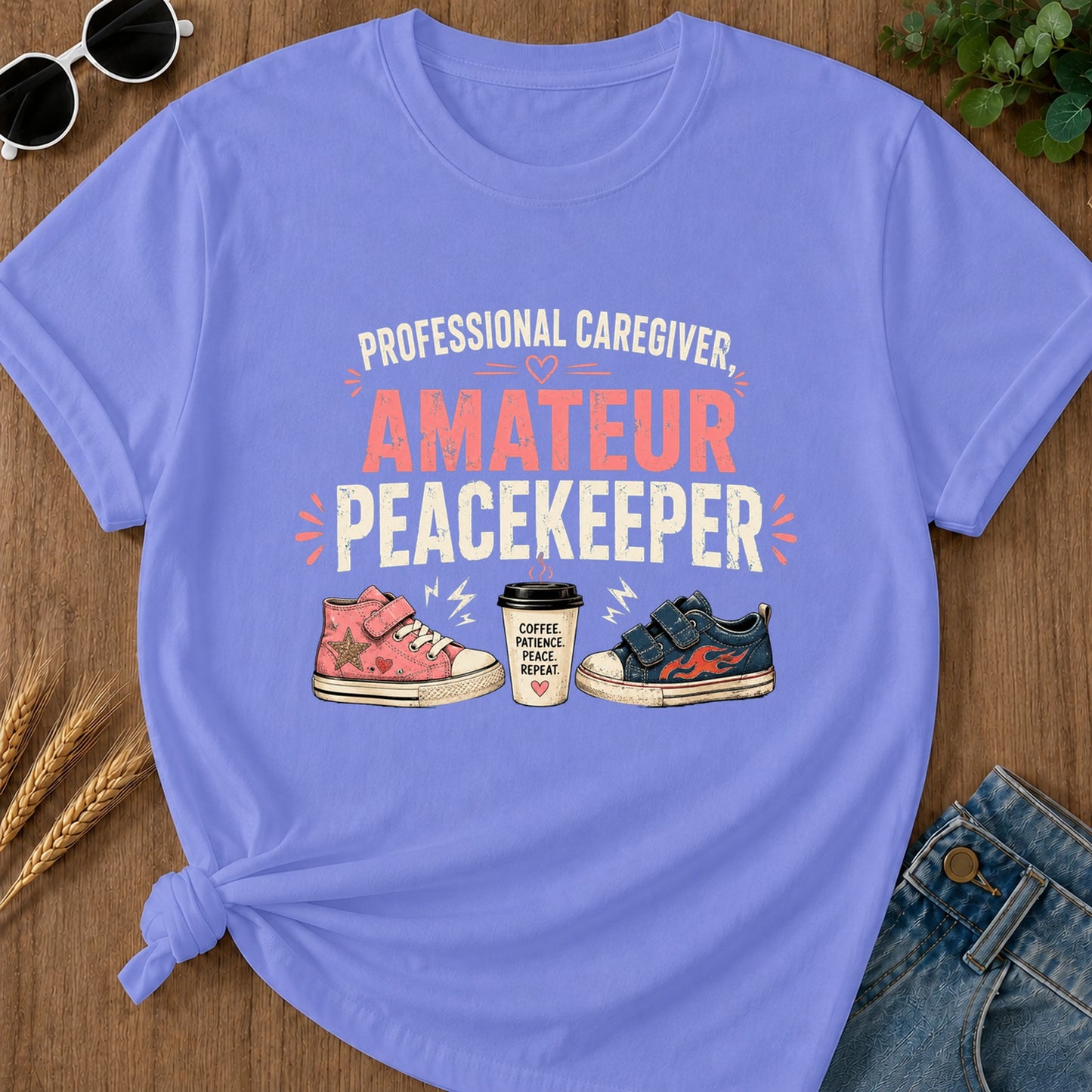 Coffee Patience Peace Repeat T-Shirt - Flo Blue