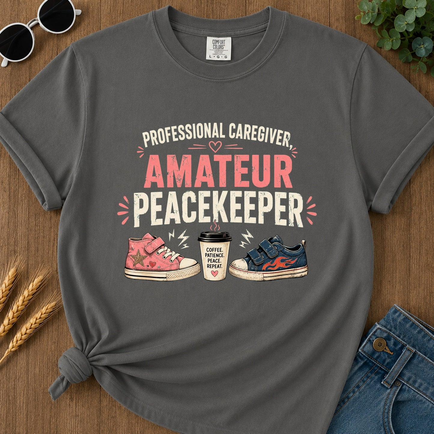 Coffee Patience Peace Repeat T-Shirt - Pepper