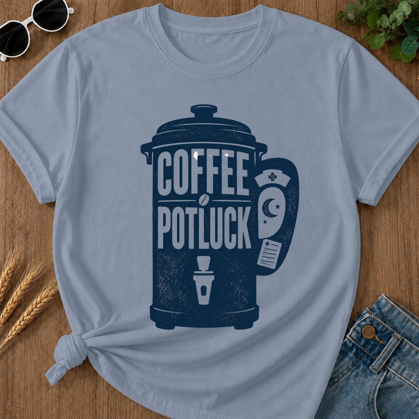 Coffee Potluck T-shirt - Blue Jean Mockup