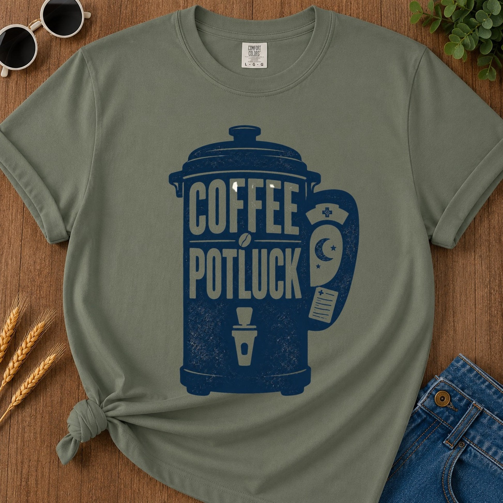 Coffee Potluck T-shirt - Moss Mockup