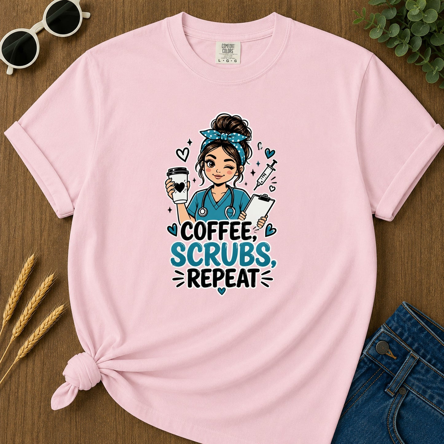 Coffee Scrubs Repeat T-Shirt - Blossom