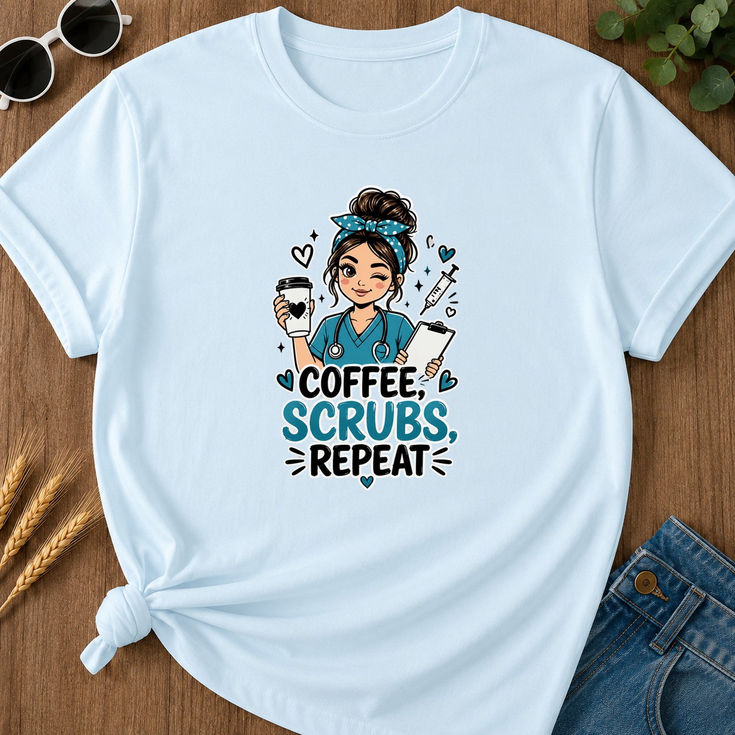 Coffee Scrubs Repeat T-Shirt - Chambray