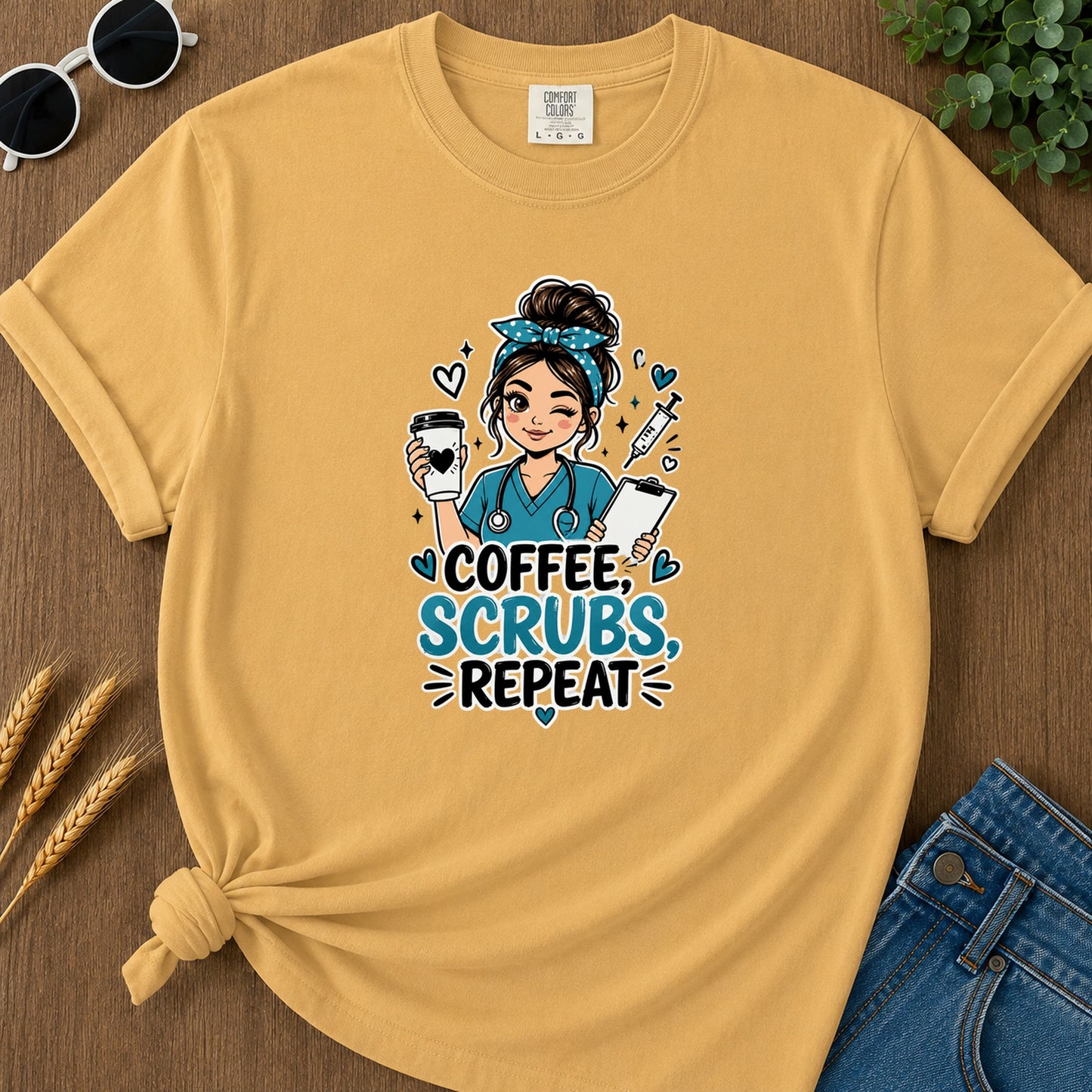 Coffee Scrubs Repeat T-Shirt - Mustard