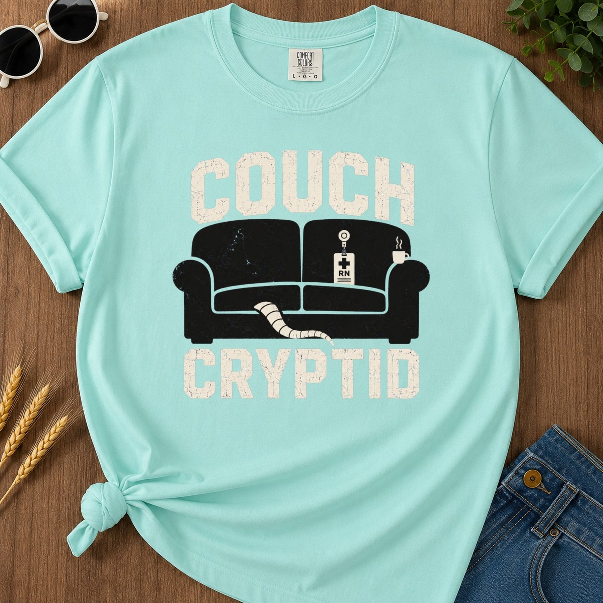 Couch Cryptid T-shirt - Chalky Mint Mockup