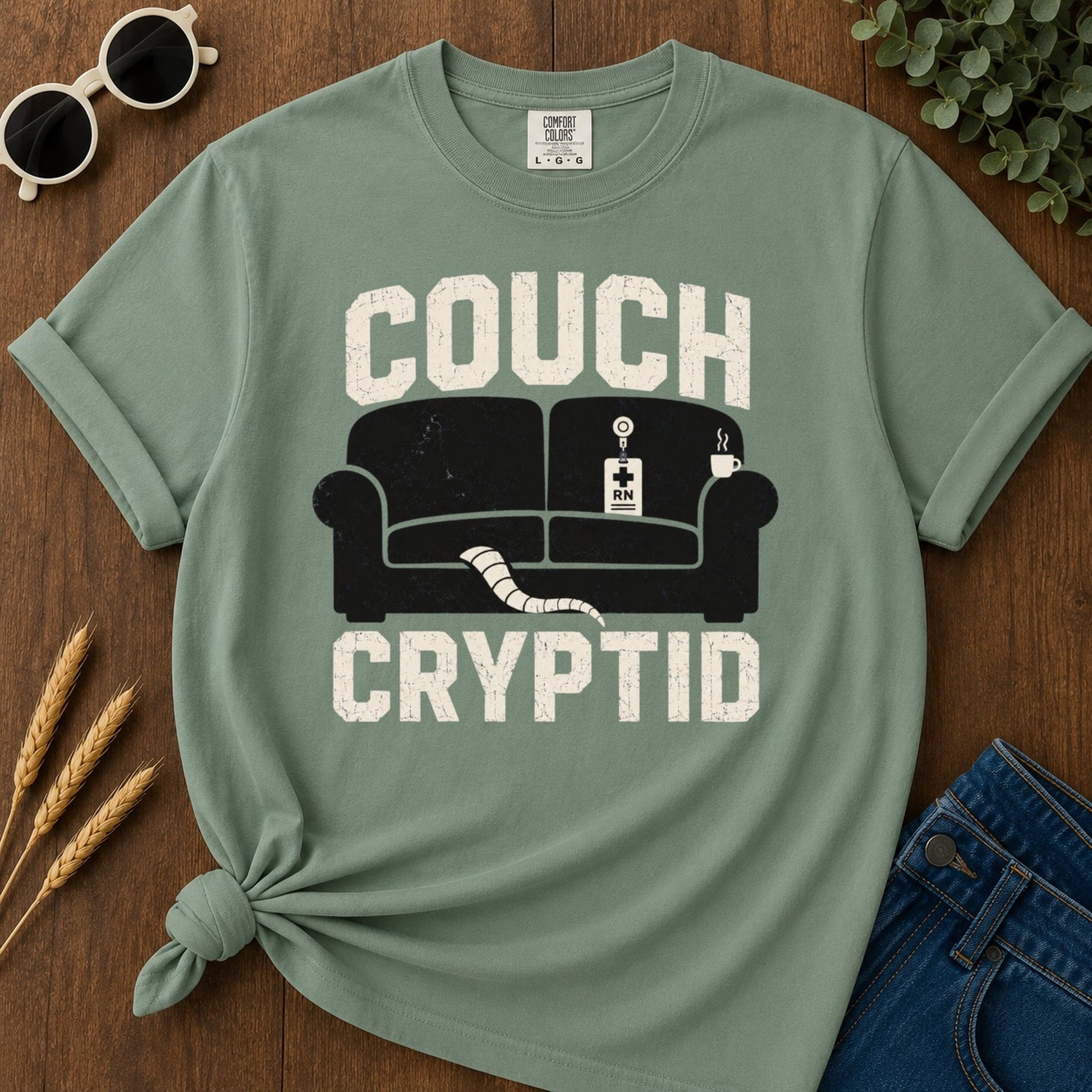 Couch Cryptid T-shirt - Light Green Mockup