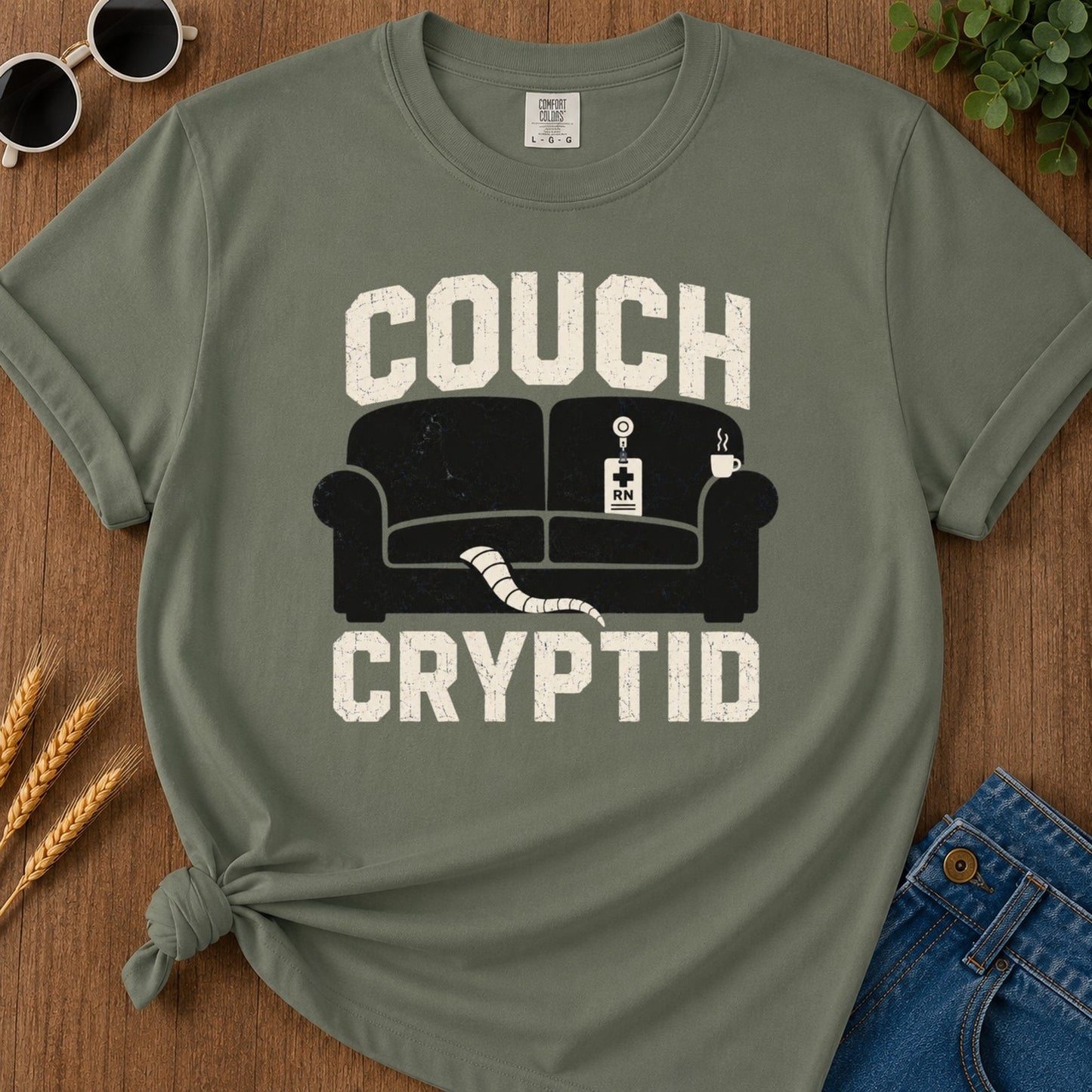 Couch Cryptid T-shirt - Moss Mockup
