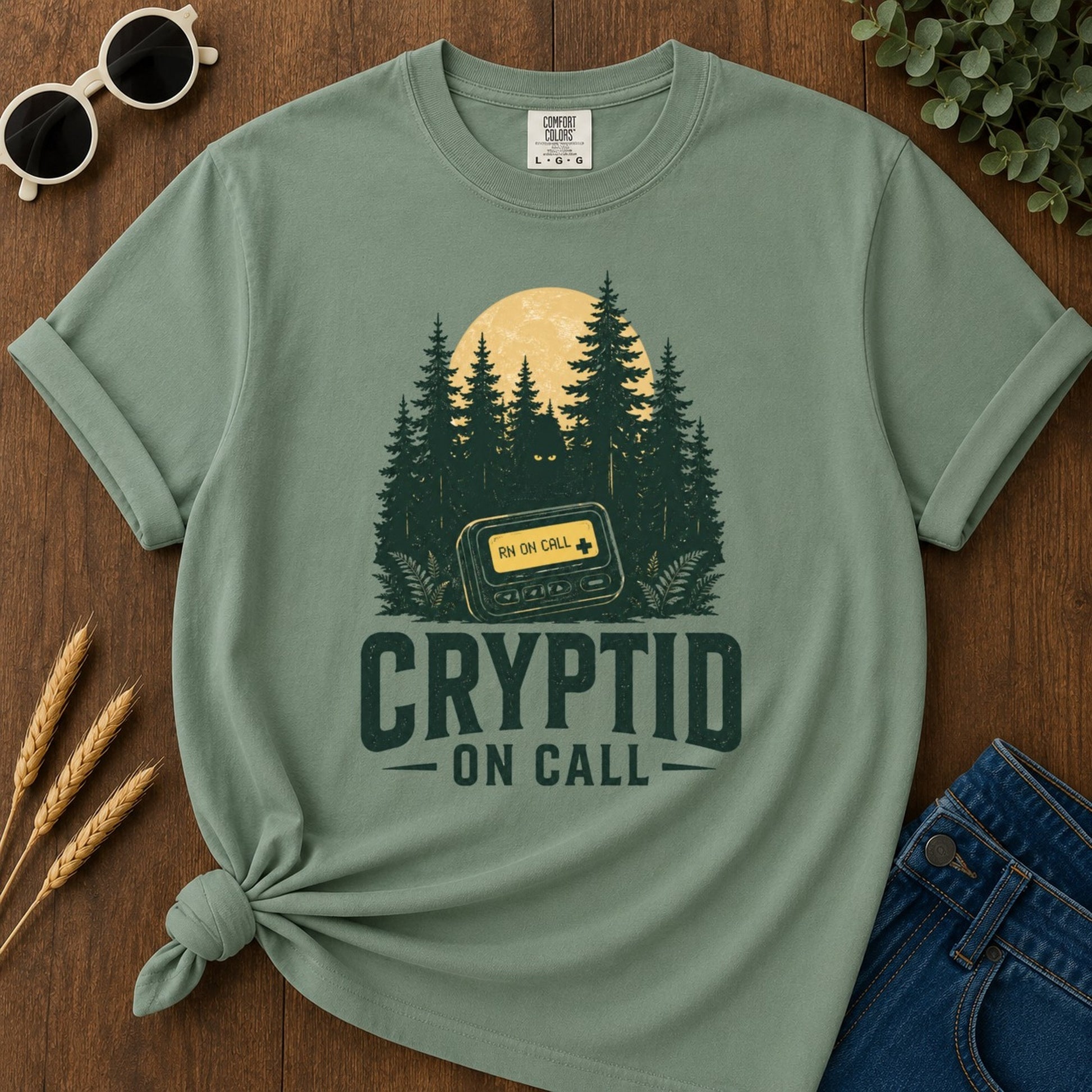 Cryptid Call T-shirt - Light Green Mockup