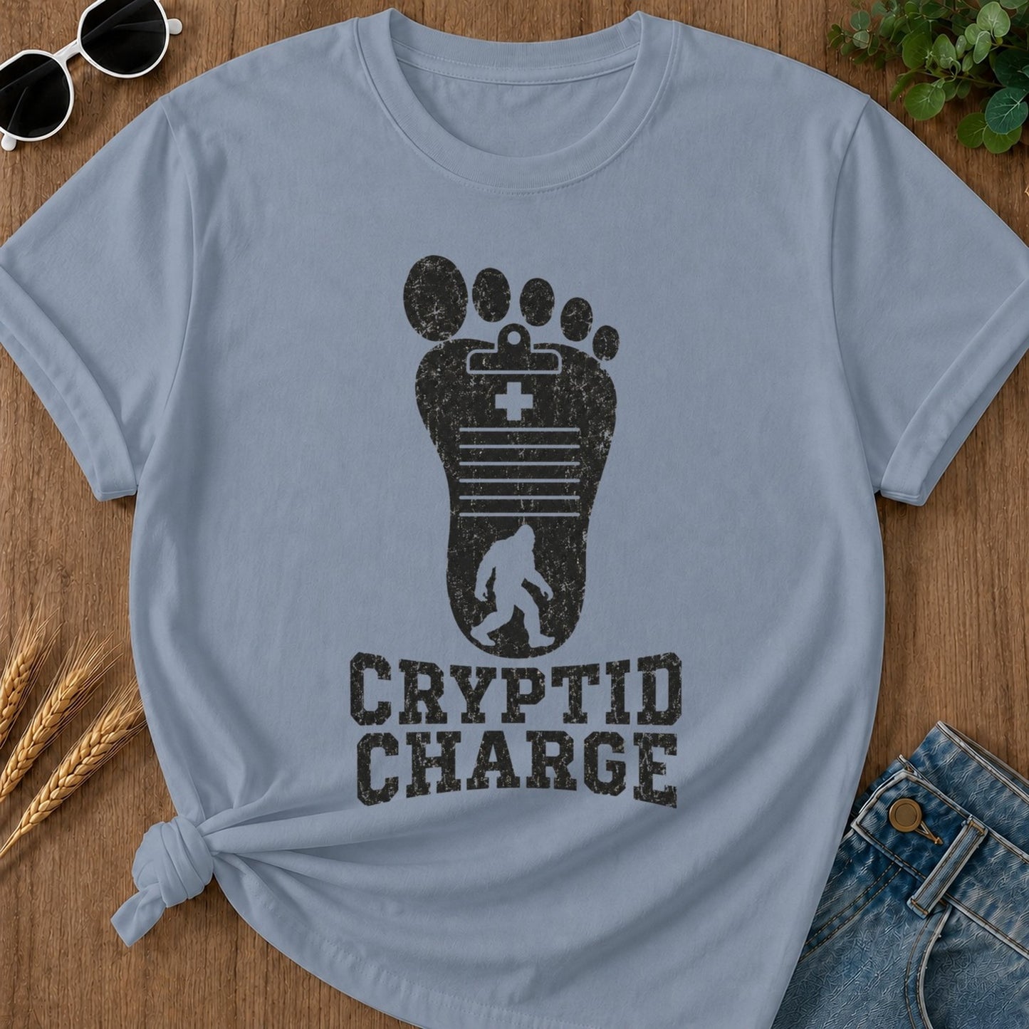 Cryptid Charge T-shirt - Blue Jean Mockup