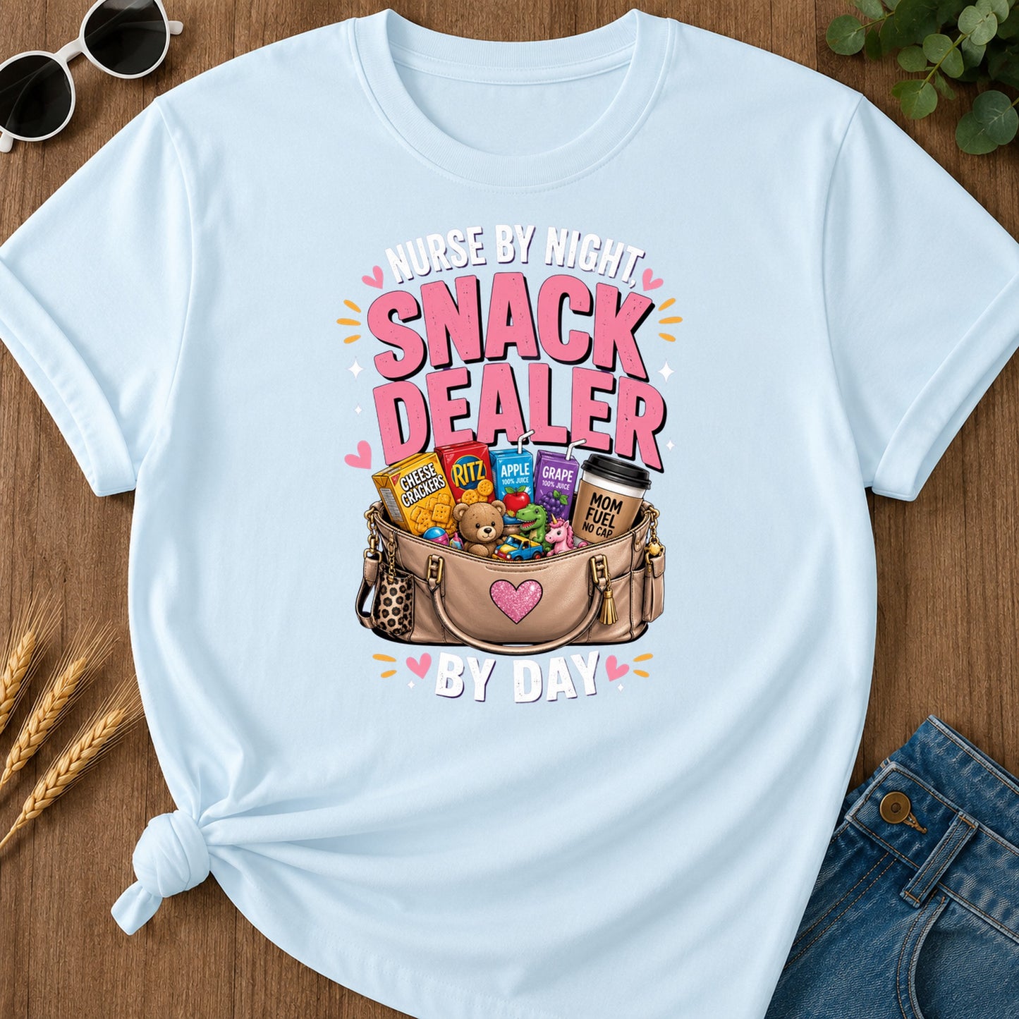Eby Ght Nurse Apple Ritz Grape 100 Juice Cheese Mom T-Shirt - Chambray