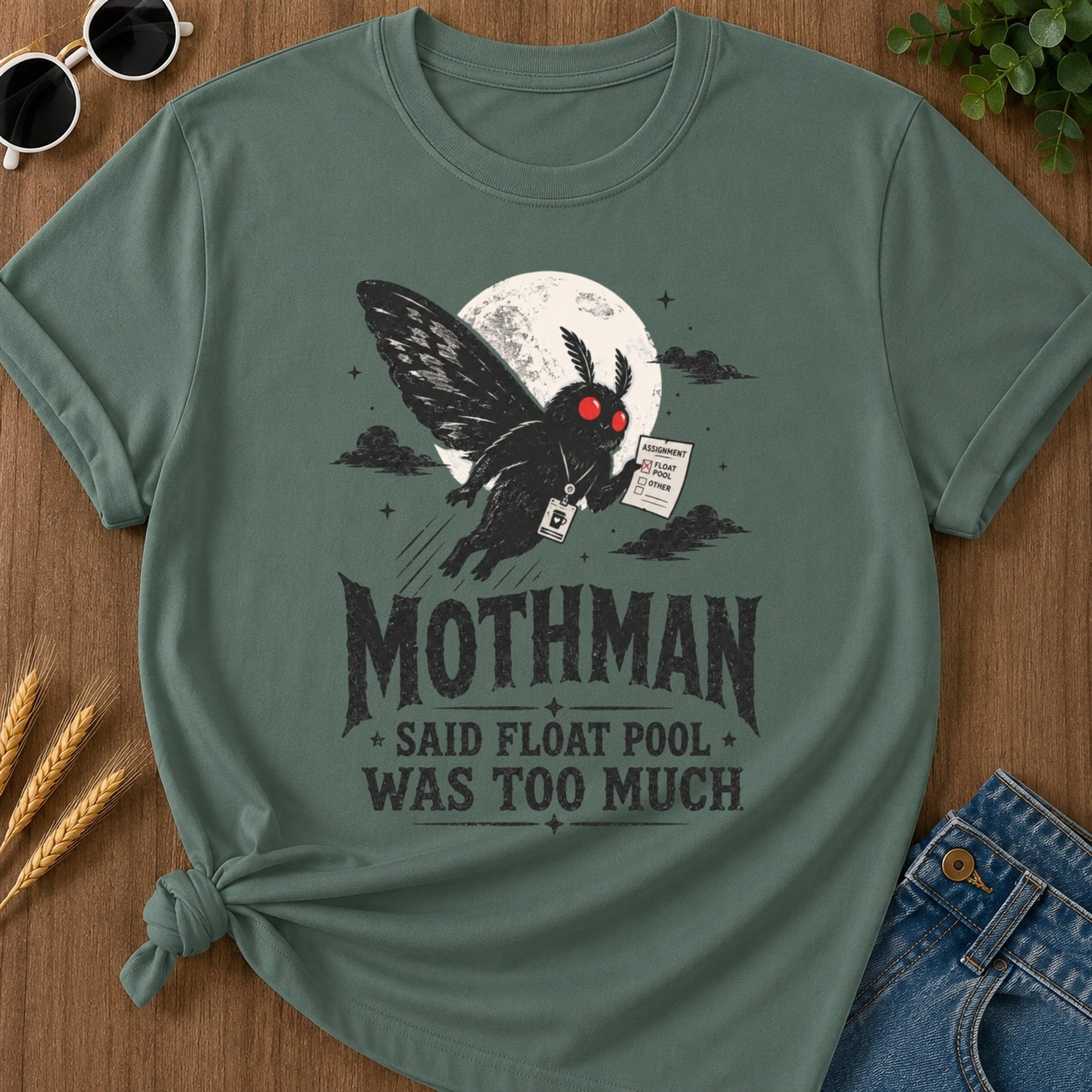 Float Pool Mothman T-shirt - Blue Spruce Mockup