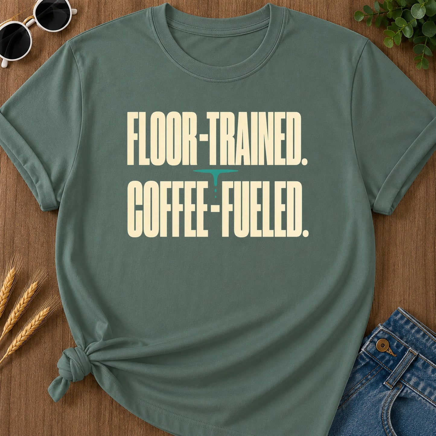 Floor Trained Coffee Fueled T-Shirt - Blue Spruce