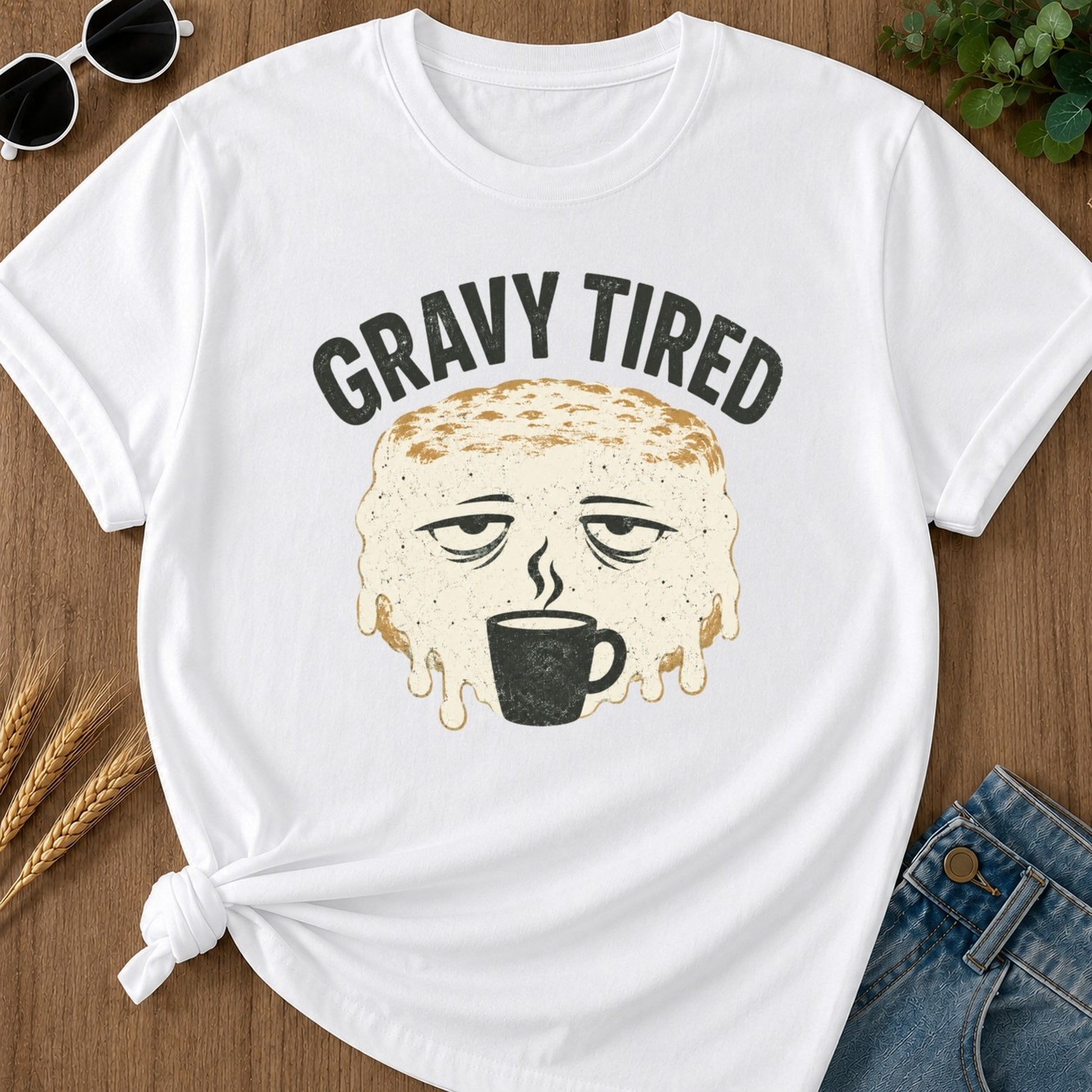 Gravy Tired T-shirt - White Mockup