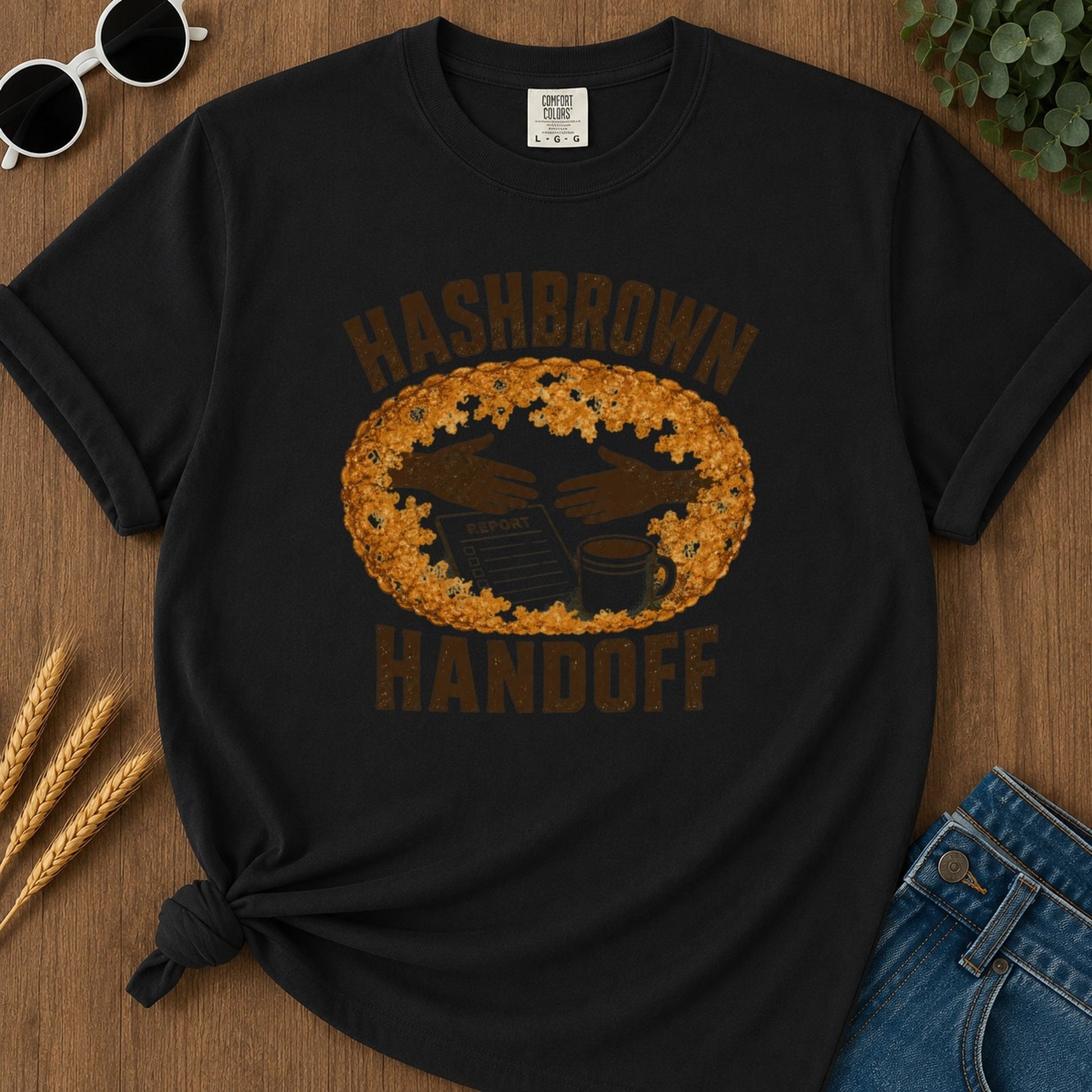Hashbrown Handoff T-shirt - Black Mockup