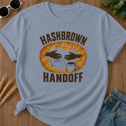 Hashbrown Handoff T-shirt - Blue Jean Mockup