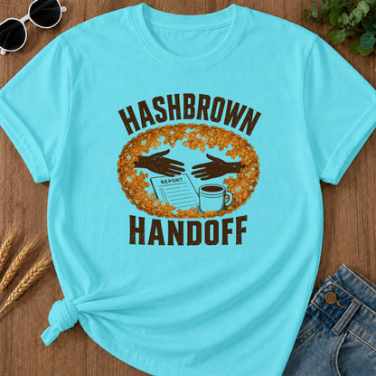 Hashbrown Handoff T-shirt - Lagoon Blue Mockup