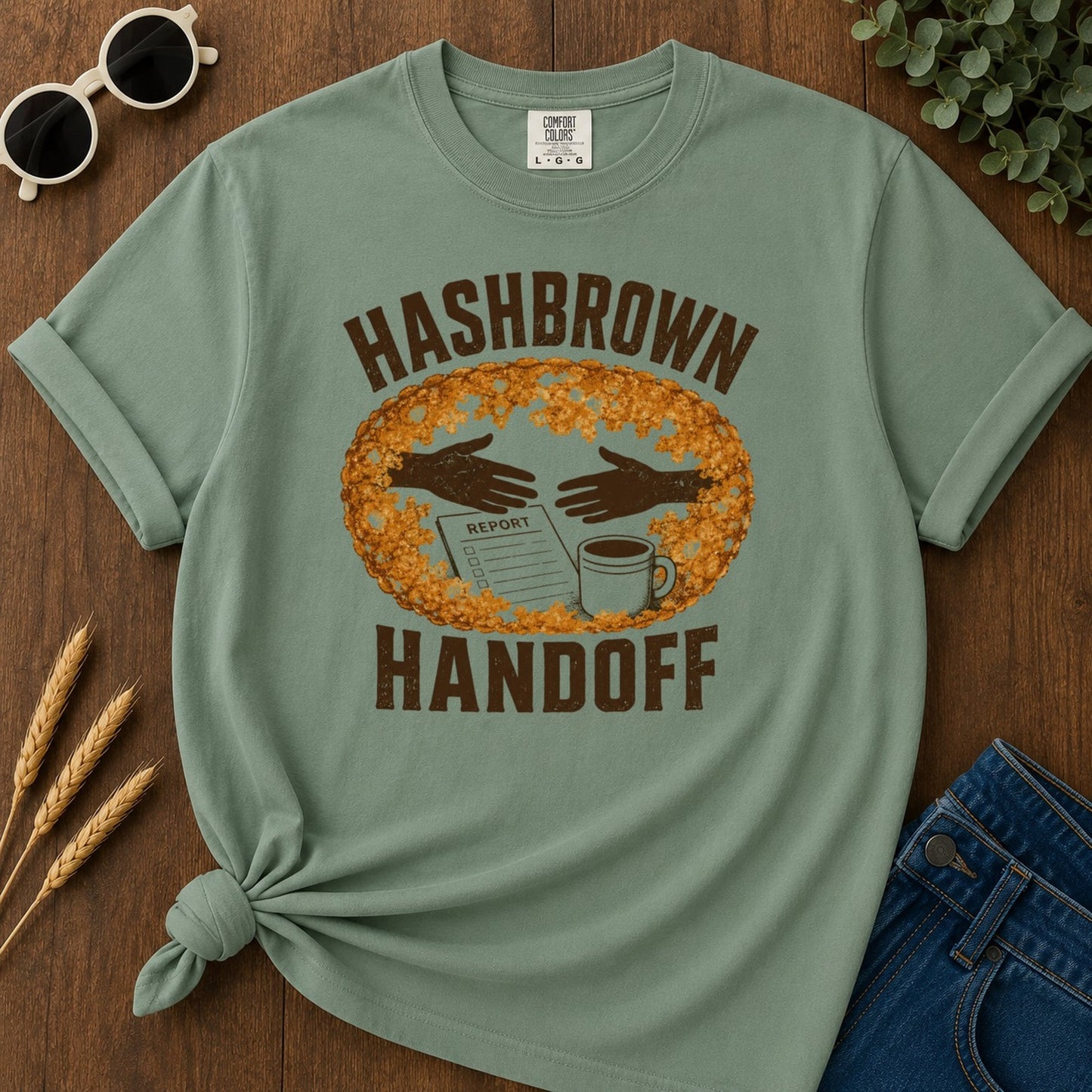 Hashbrown Handoff T-shirt - Light Green Mockup