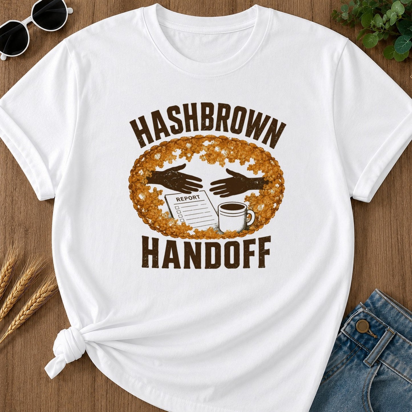 Hashbrown Handoff T-shirt - White Mockup