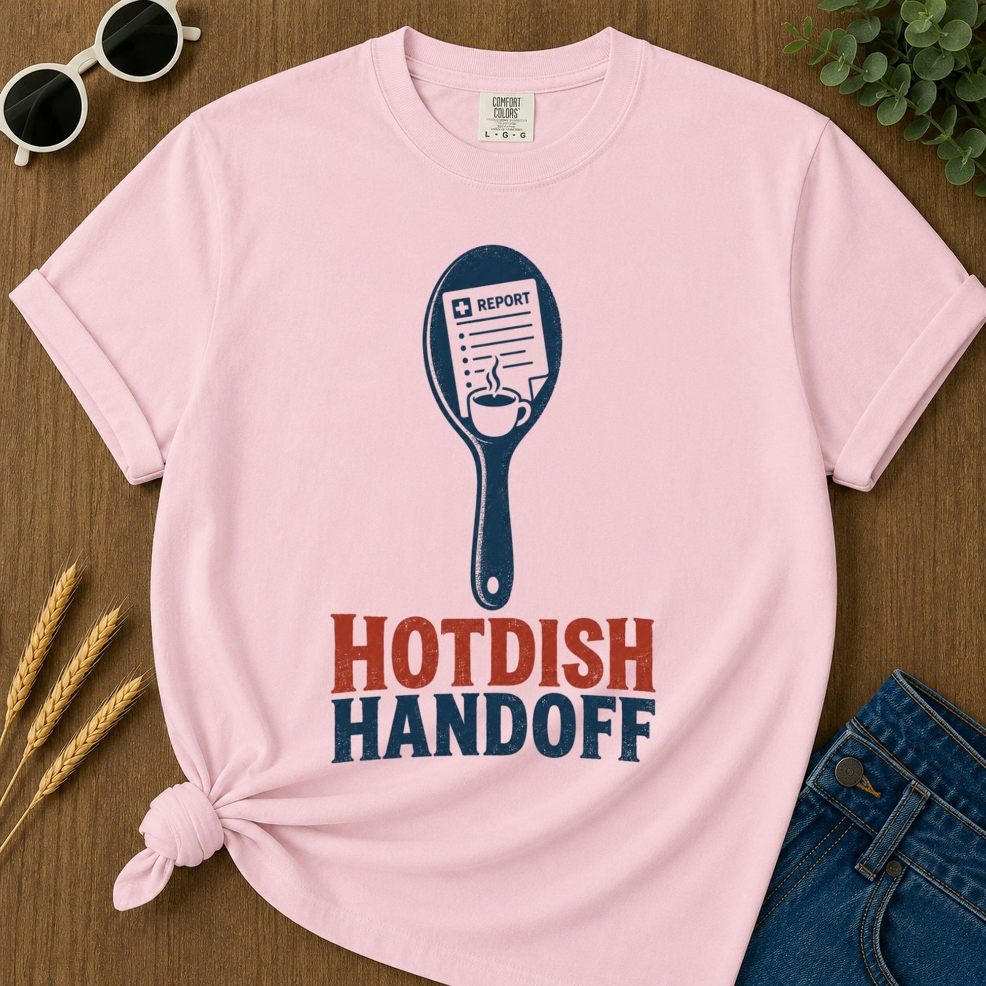 Hotdish Handoff T-shirt - Blossom Mockup