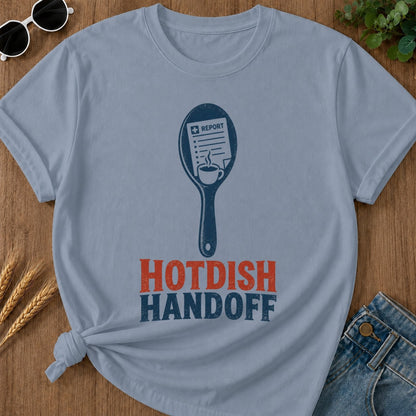 Hotdish Handoff T-shirt - Blue Jean Mockup