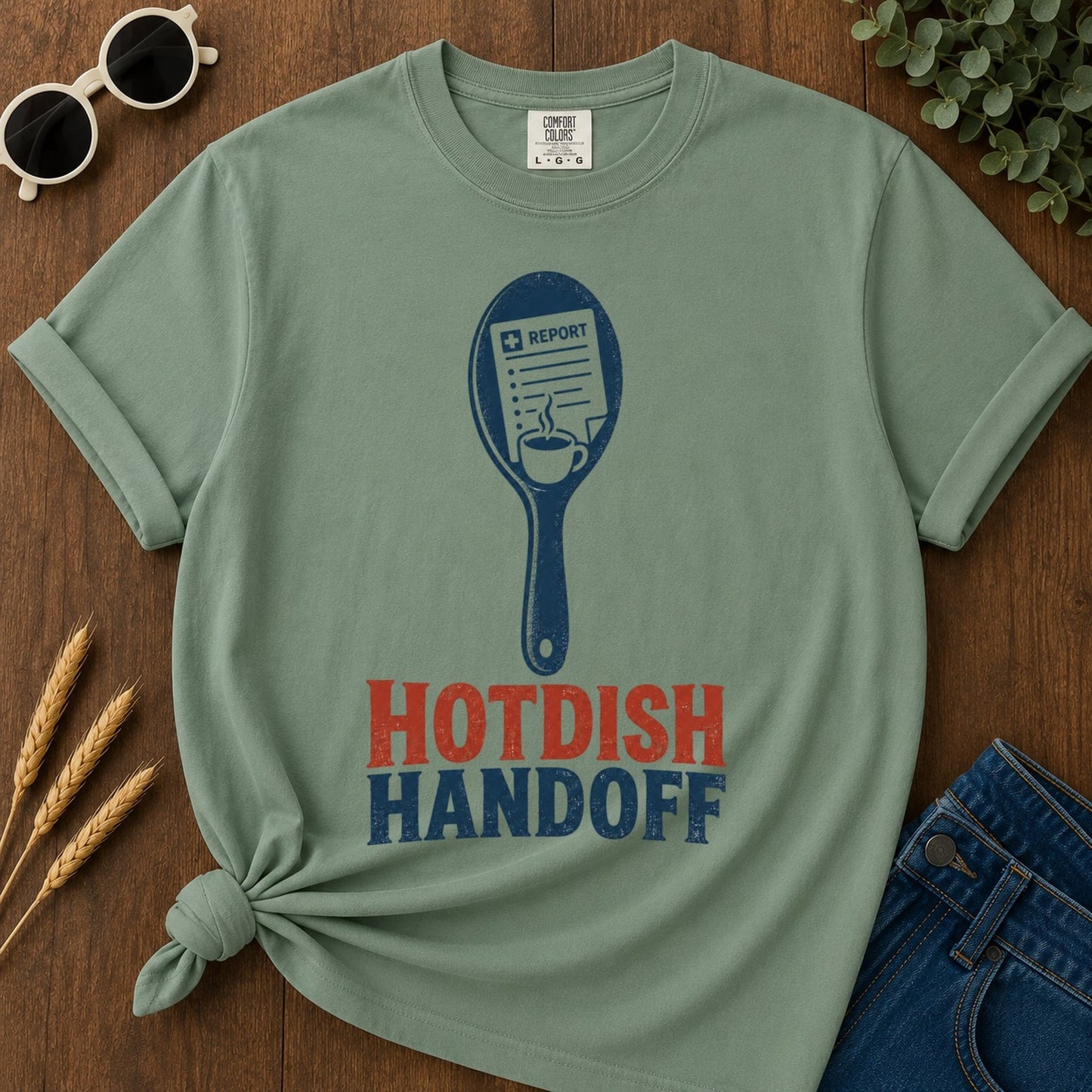 Hotdish Handoff T-shirt - Light Green Mockup