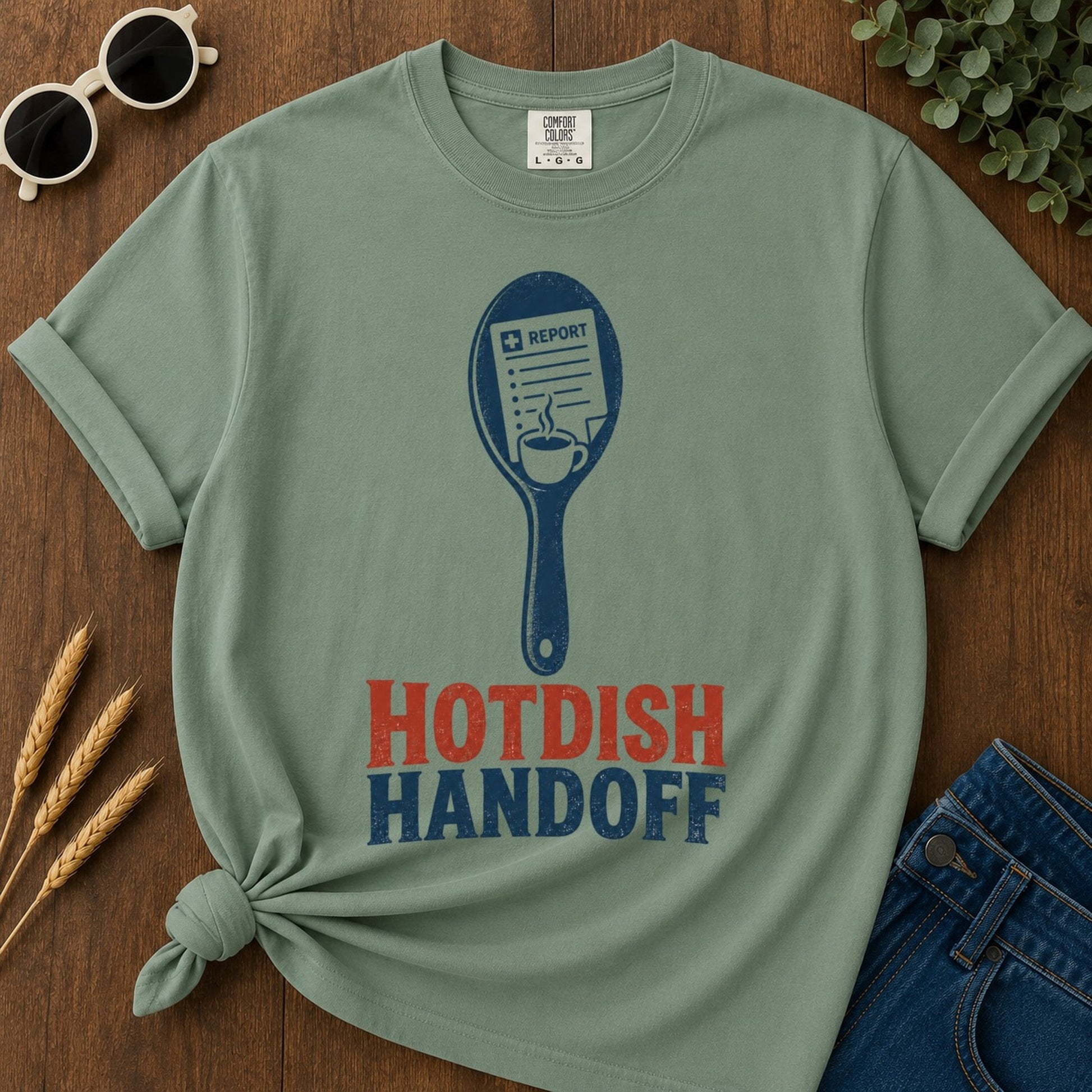 Hotdish Handoff T-shirt - Light Green Mockup