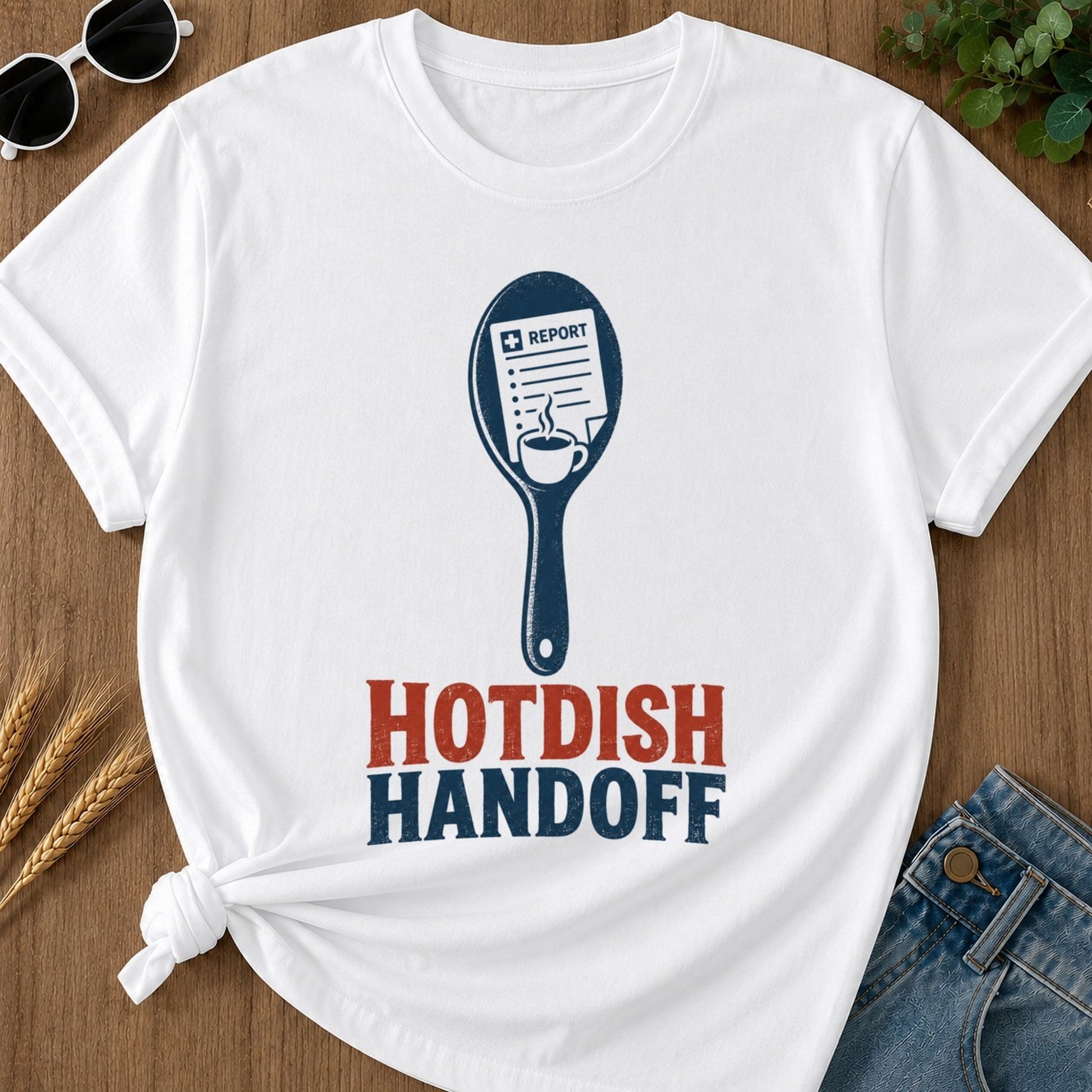 Hotdish Handoff T-shirt - White Mockup
