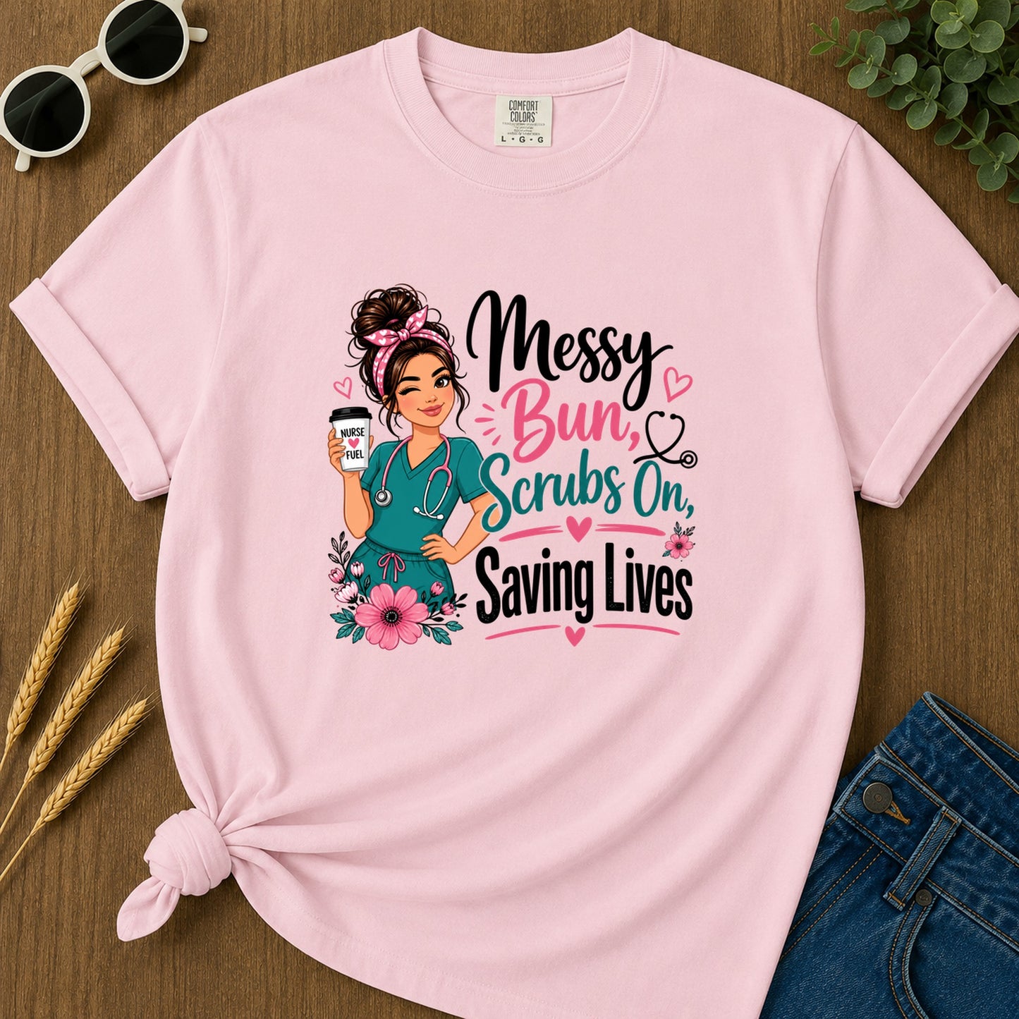 Messy Bun Scrubs On (2) T-Shirt - Blossom