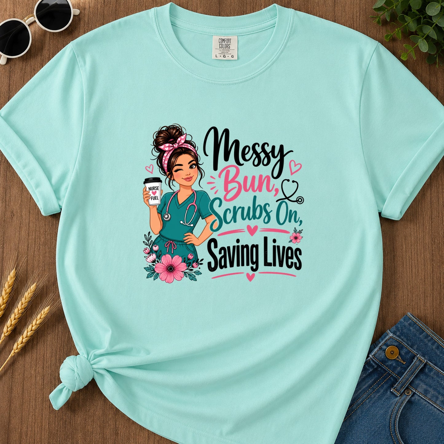Messy Bun Scrubs On (2) T-Shirt - Chalky Mint